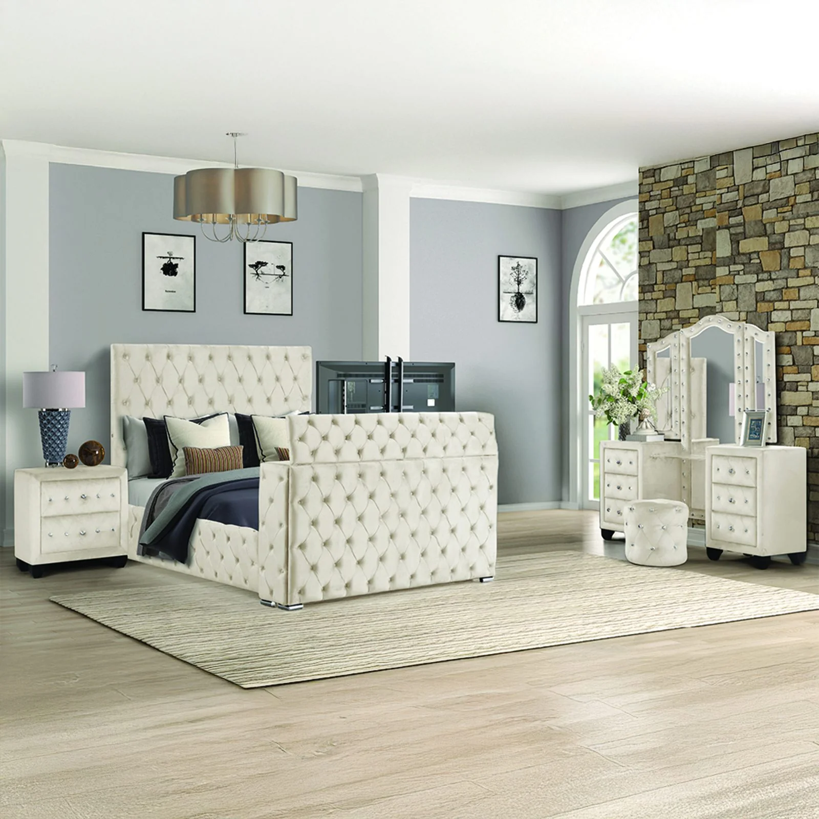 Encore Queen 4PC Vanity Bedroom Set Beige - Image 16