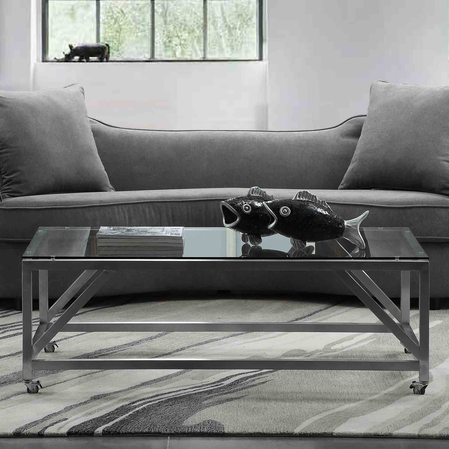 Enessa Contemporary Rectangular Coffee Table with Wheels in Brushed Stainless Steel with Tempered Glass Top - Image 2