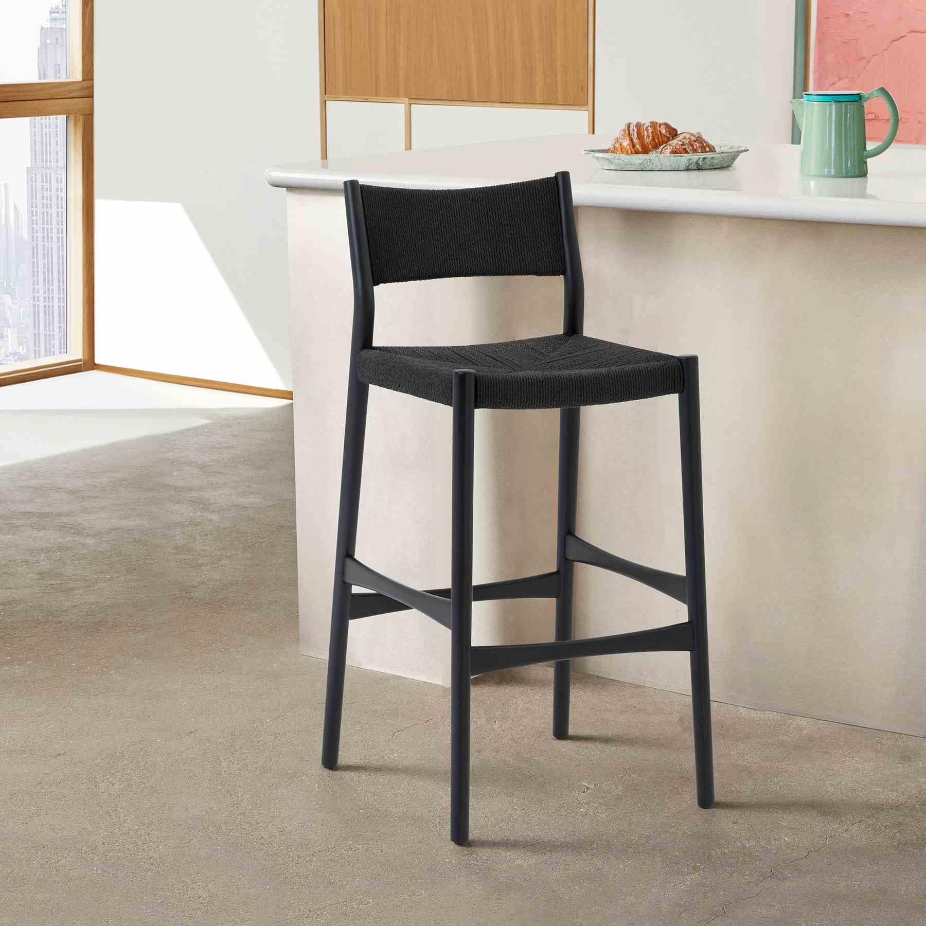 Erie Black Woven Paper Cord and Wood Bar Stool - Image 12