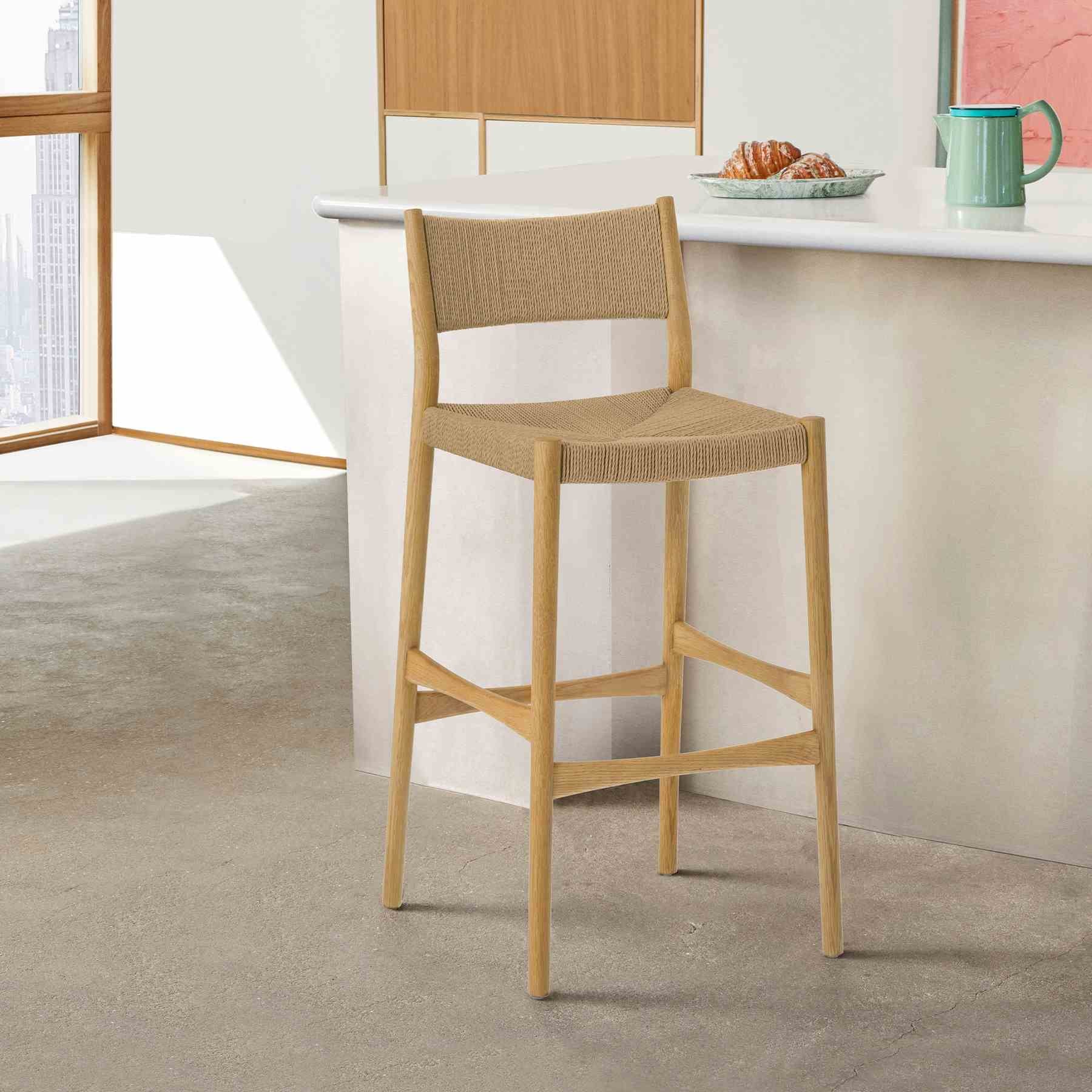 Erie Woven Paper Cord and Oak Wood Bar Stool - Image 12