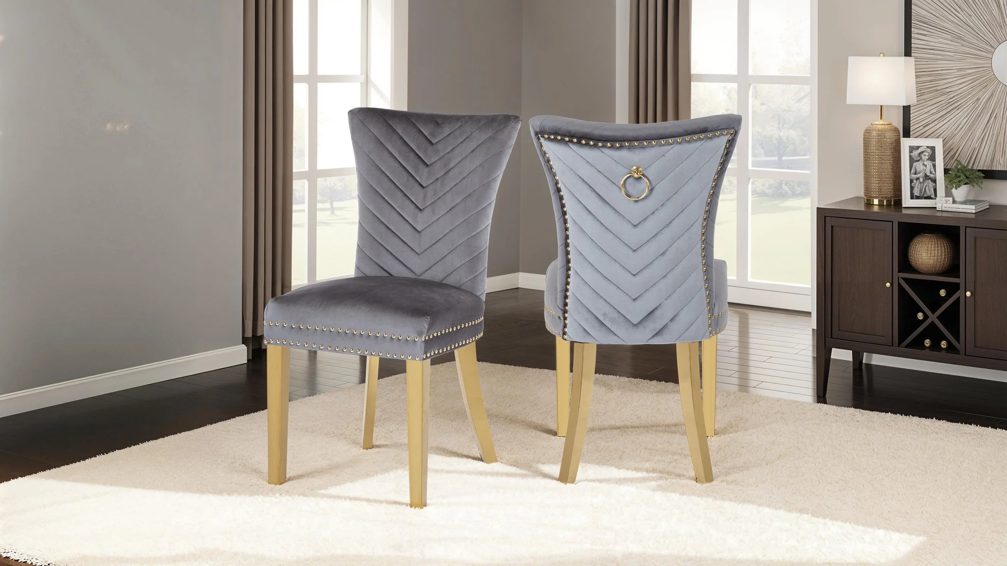 Eva Gold  Legs Chair Finish with Velvet Fabric in Drak Gray - Image 6