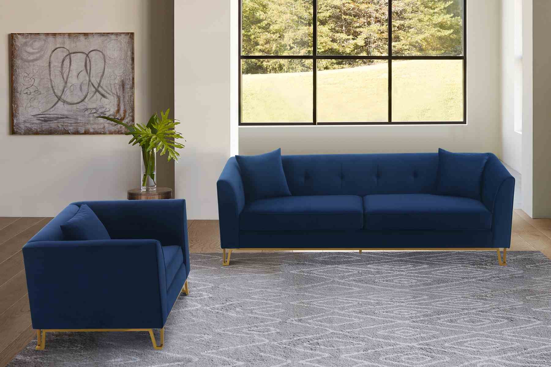 Everest 2 Piece Blue Fabric Upholstered Sofa & Chair Set - Image 8