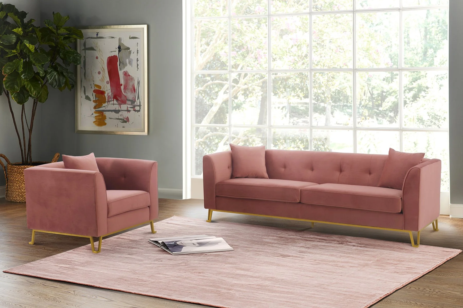 Everest 2 Piece Blush Fabric Upholstered Sofa & Chair Set - Image 8