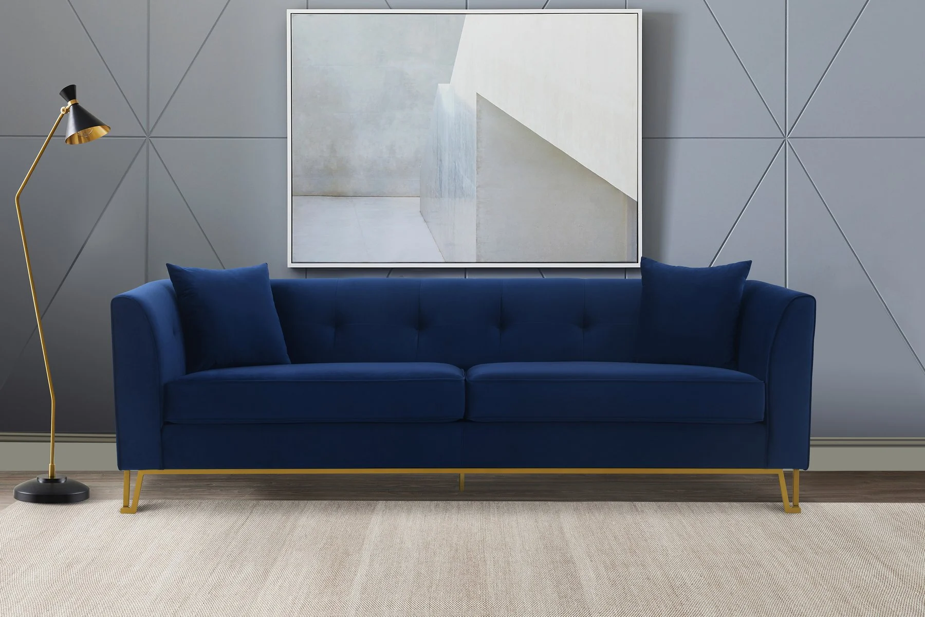 Everest 90" Blue Fabric Upholstered Sofa with Brushed Gold Legs - Image 6