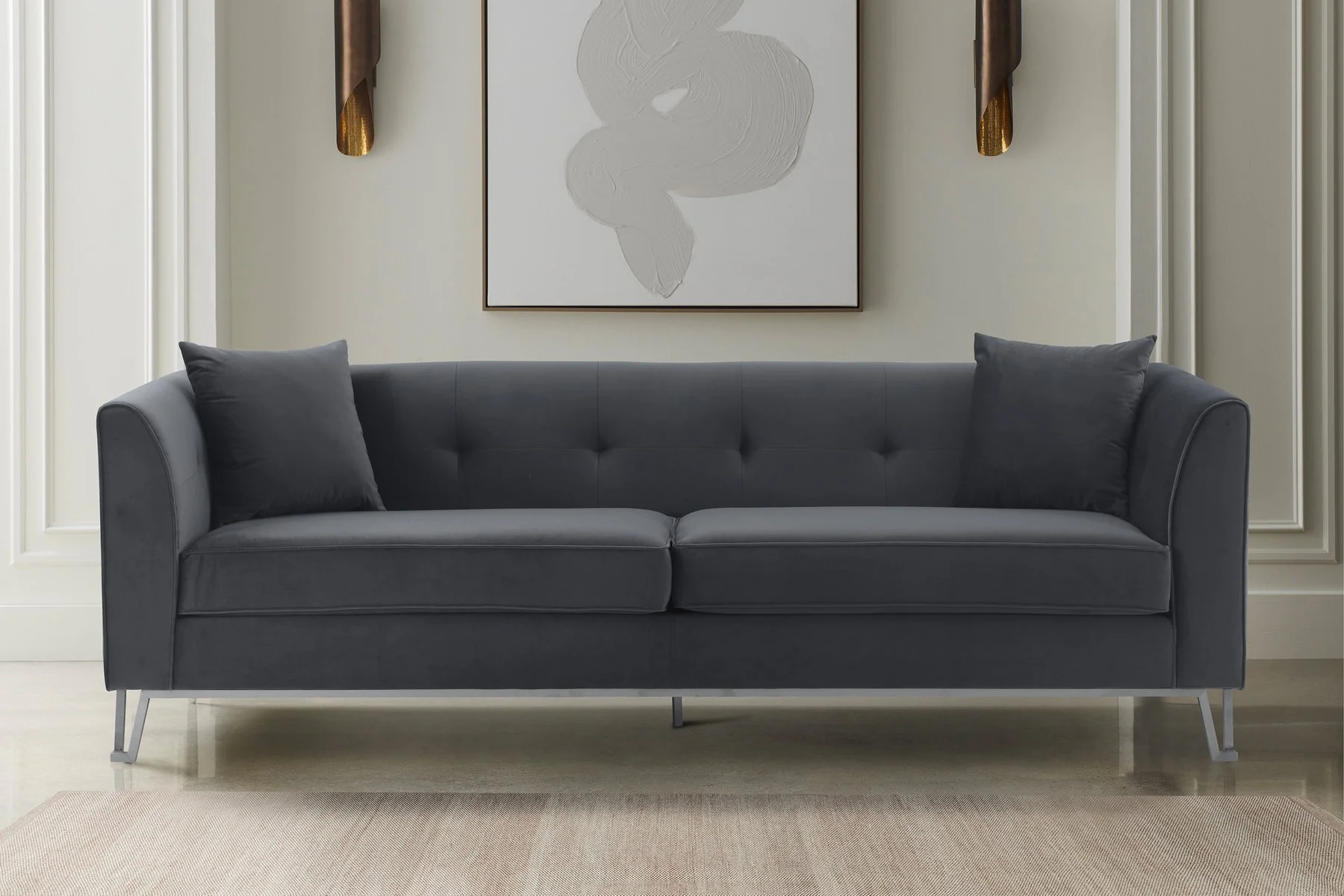Everest 90" Gray Fabric Upholstered Sofa with Brushed Stainless Steel Legs - Image 8