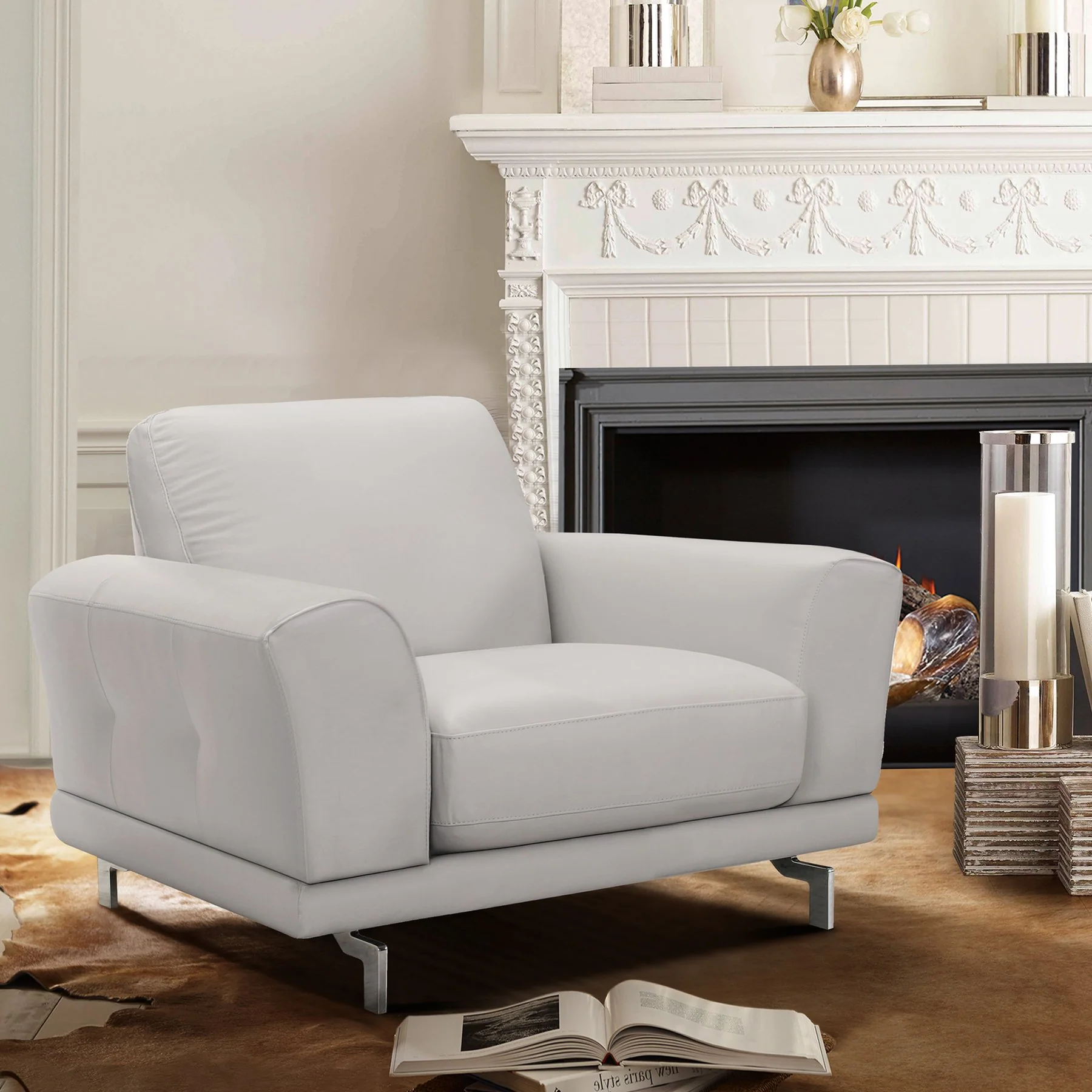 Everly Contemporary Chair in Genuine Dove Gray Leather with Brushed Stainless Steel Legs - Image 3