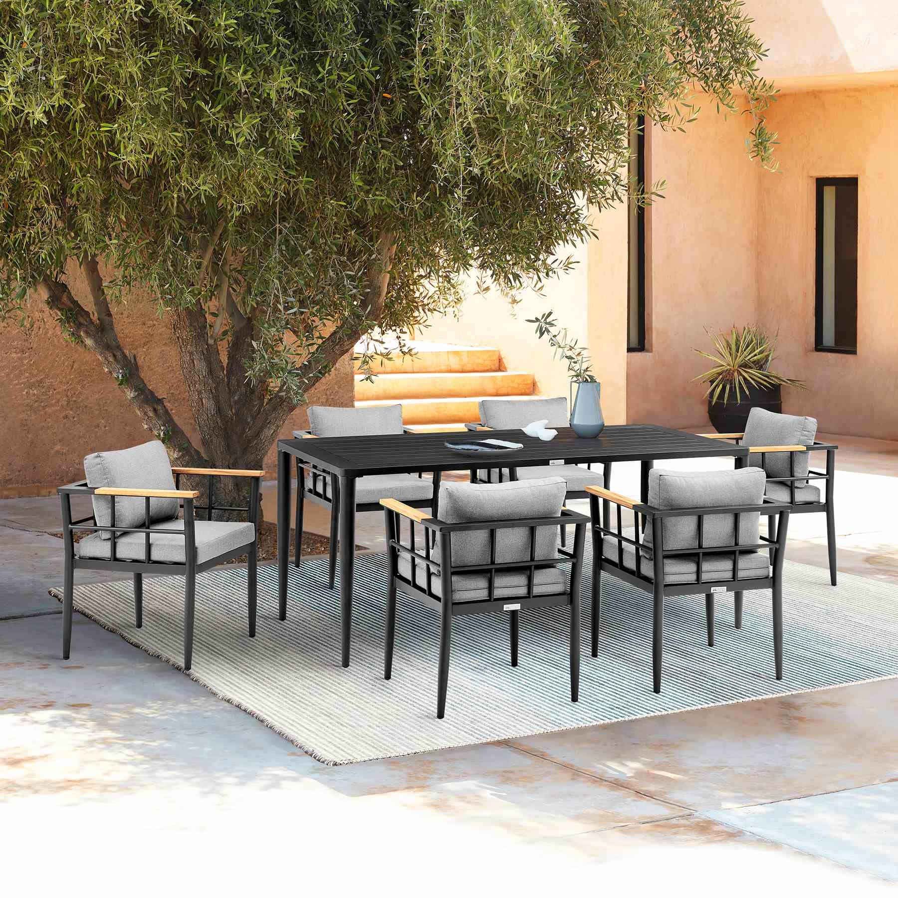 Ezra Outdoor Patio Dining Chair in Aluminum and Teak with Gray Cushions – Set of 2 - Image 12