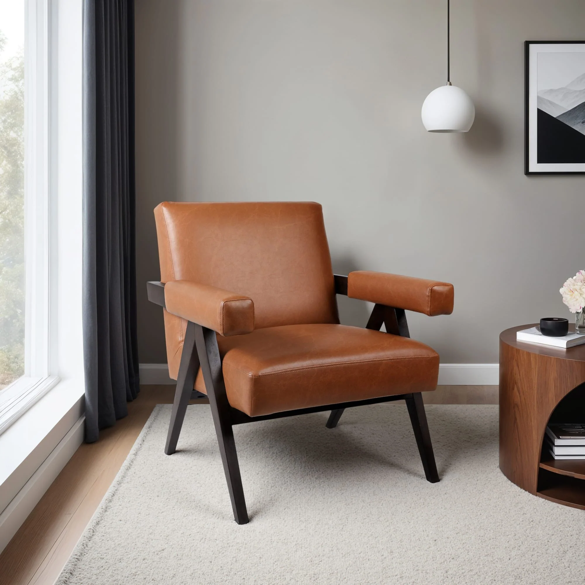 Faux Leather Scandinavian Chair, Brown - Image 9
