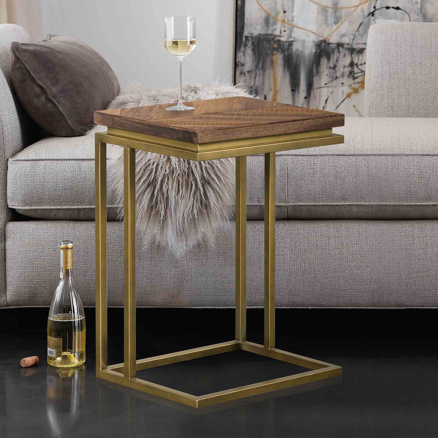 Faye Rustic Brown Wood C-Shape End table with Antique Brass Base - Image 8
