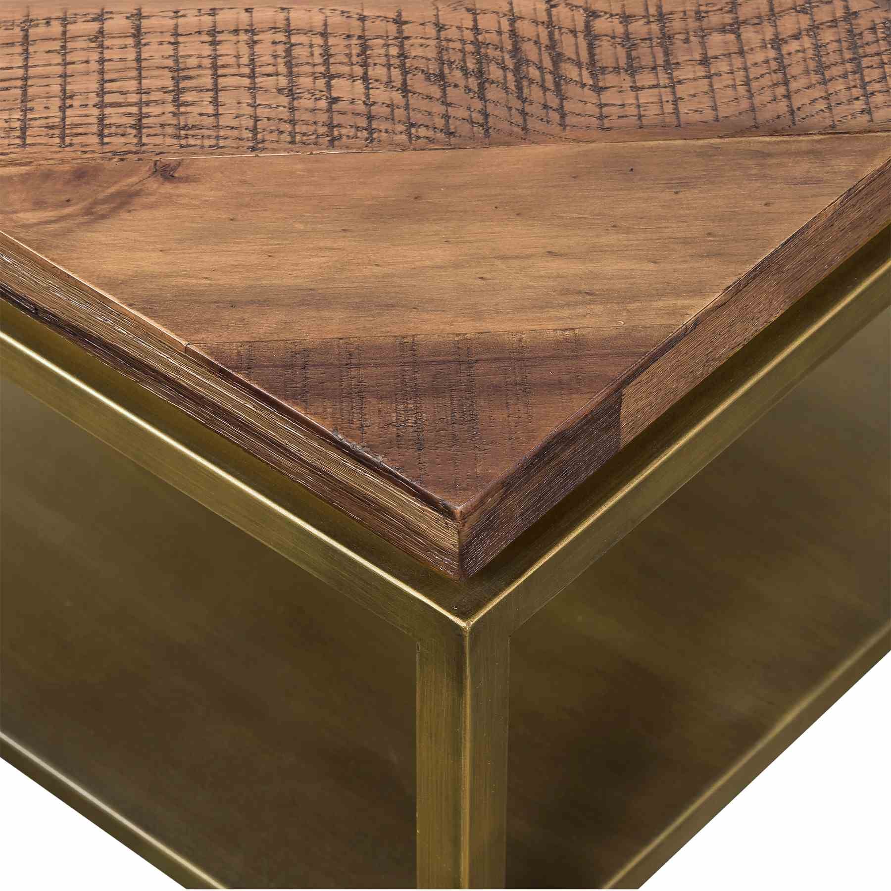Faye Rustic Brown Wood Coffee Table with Shelf and Antique Brass Metal Base - Image 4
