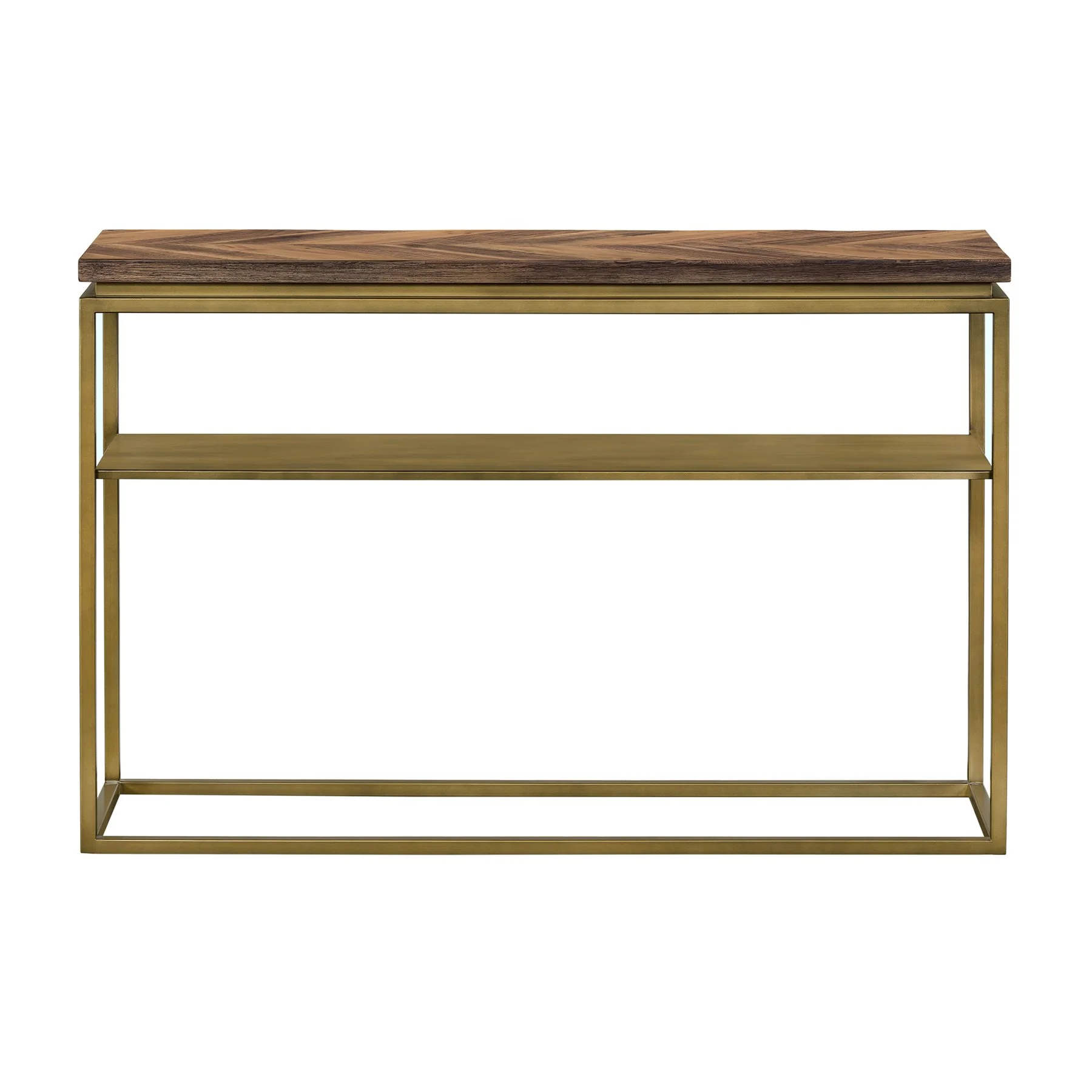 Faye Rustic Brown Wood Console Table with Shelf and Antique Brass Metal Base - Image 2