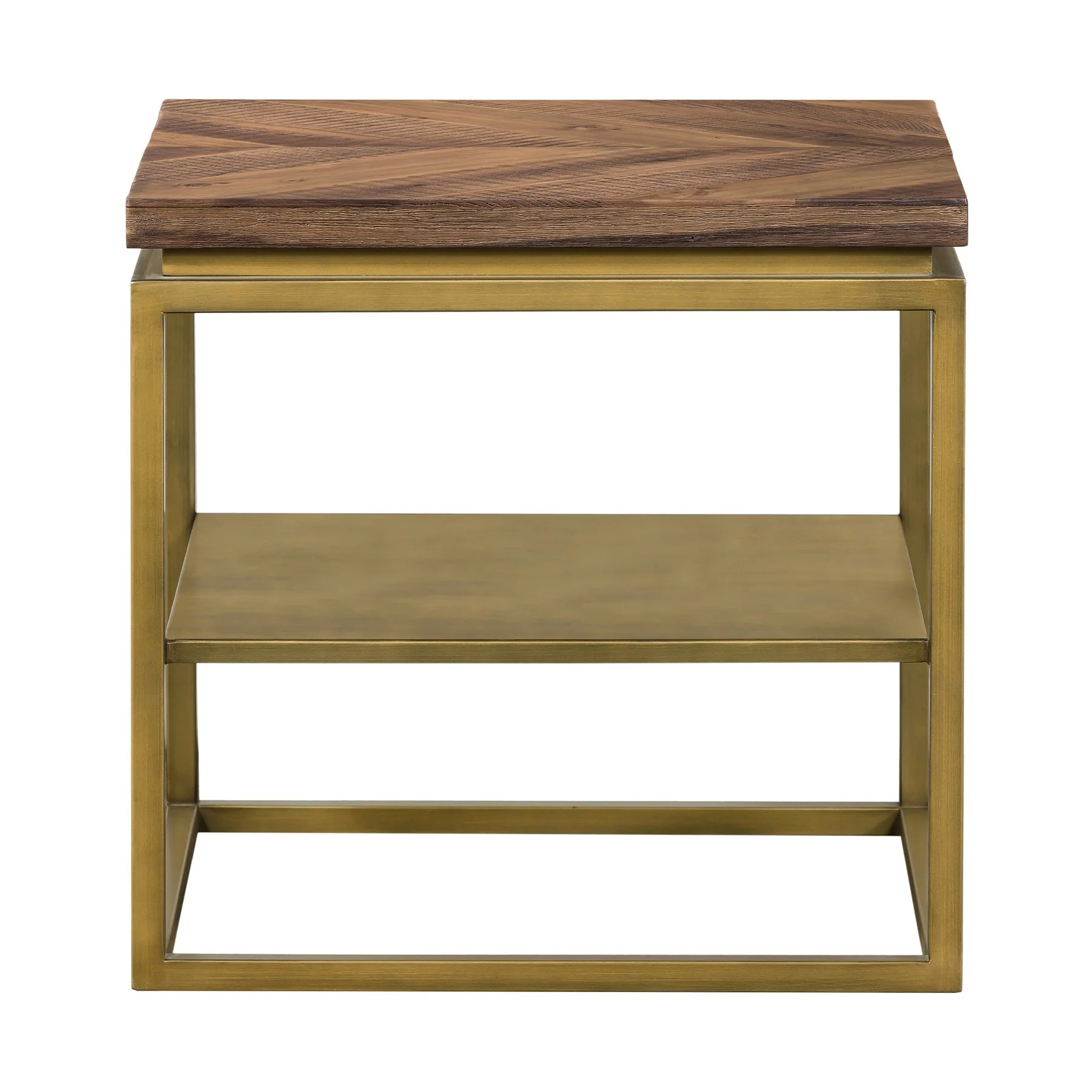 Faye Rustic Brown Wood Side table with Shelf and Antique Brass Base - Image 2