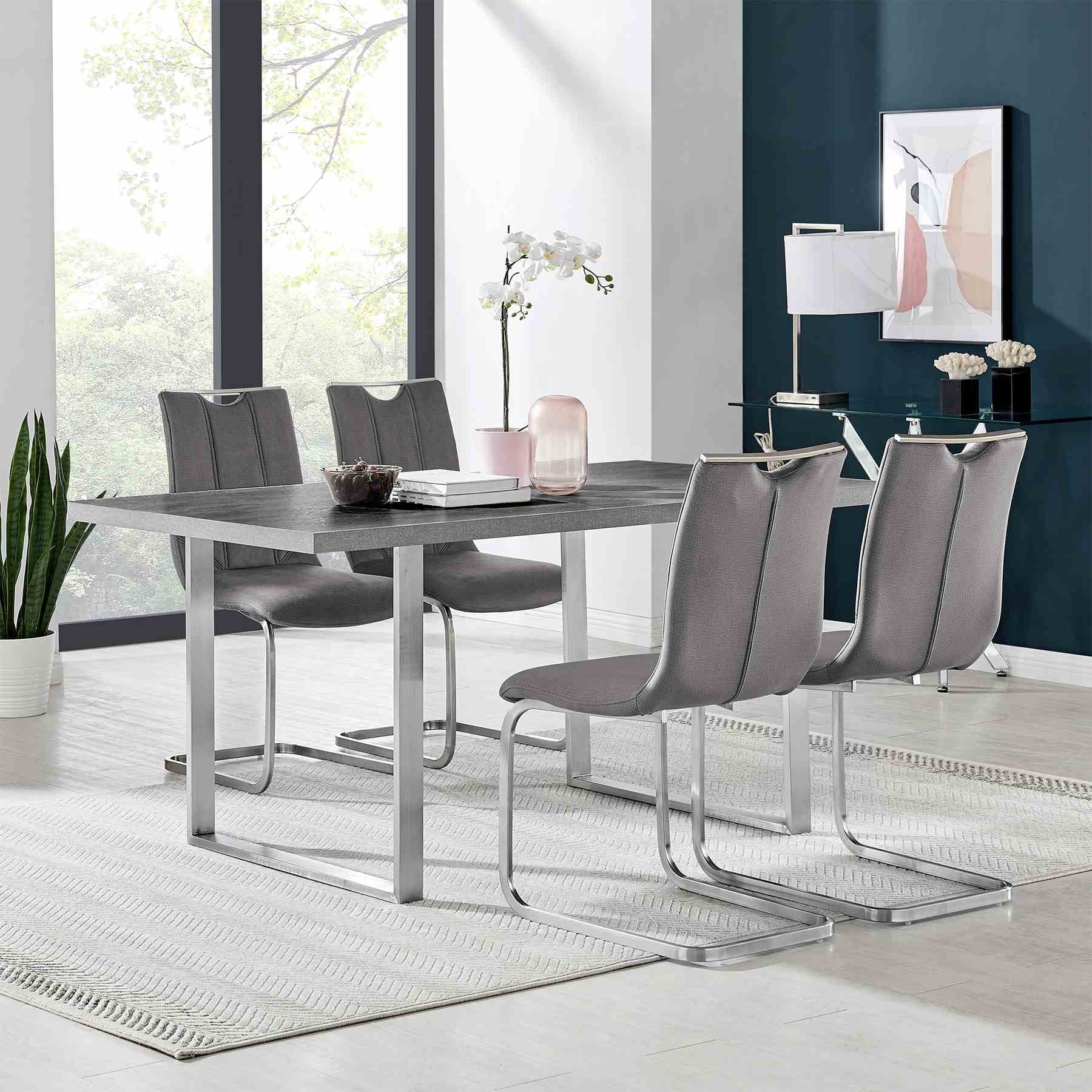 Fenton and Pacific 5 Piece Modern Rectangular Dining Set with Metal Base in Gray Melamine Wood and Gray Fabric - Image 8