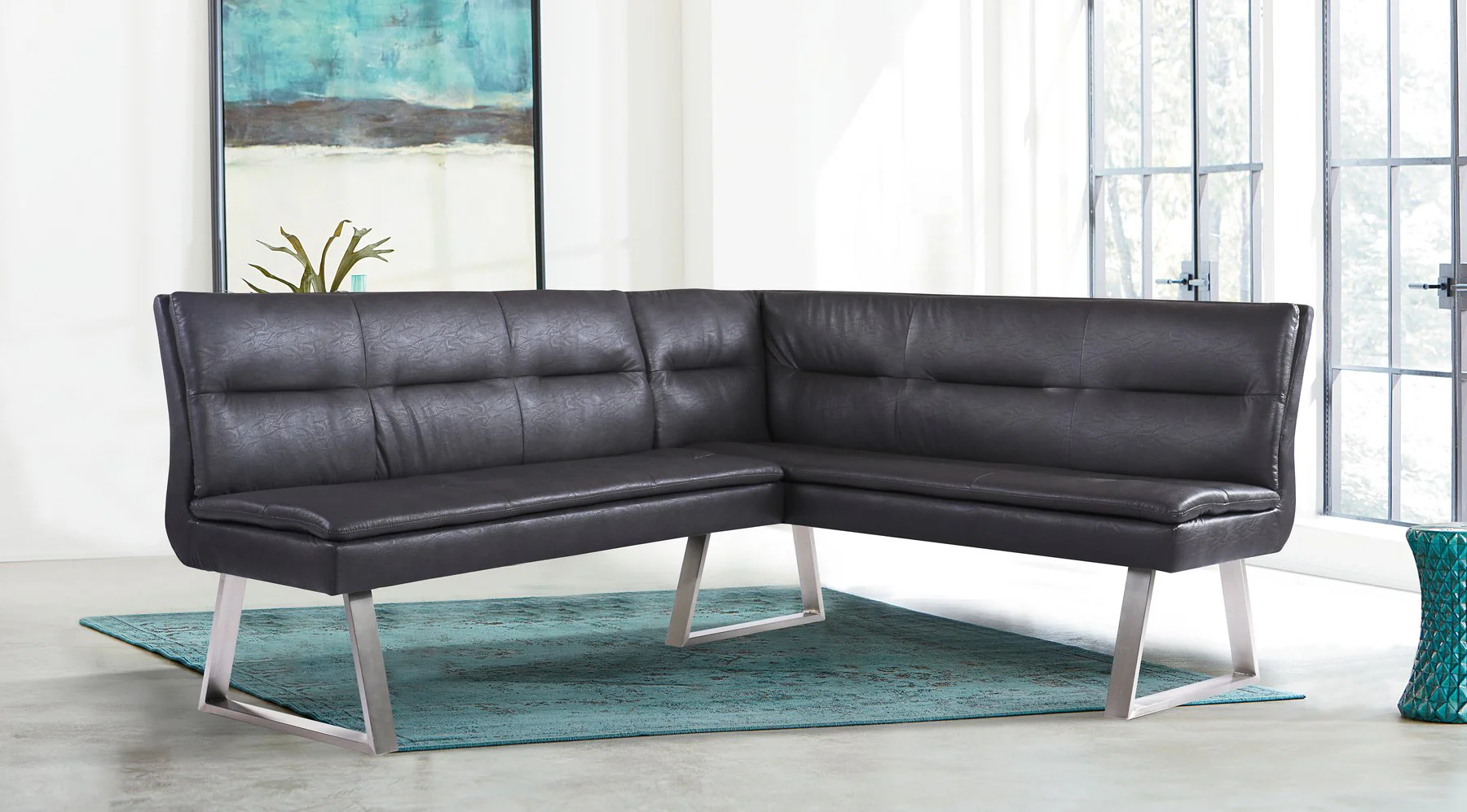 Fenton Contemporary Corner Nook in Brushed Stainless Steel Finish with Gray Faux Leather - Image 3