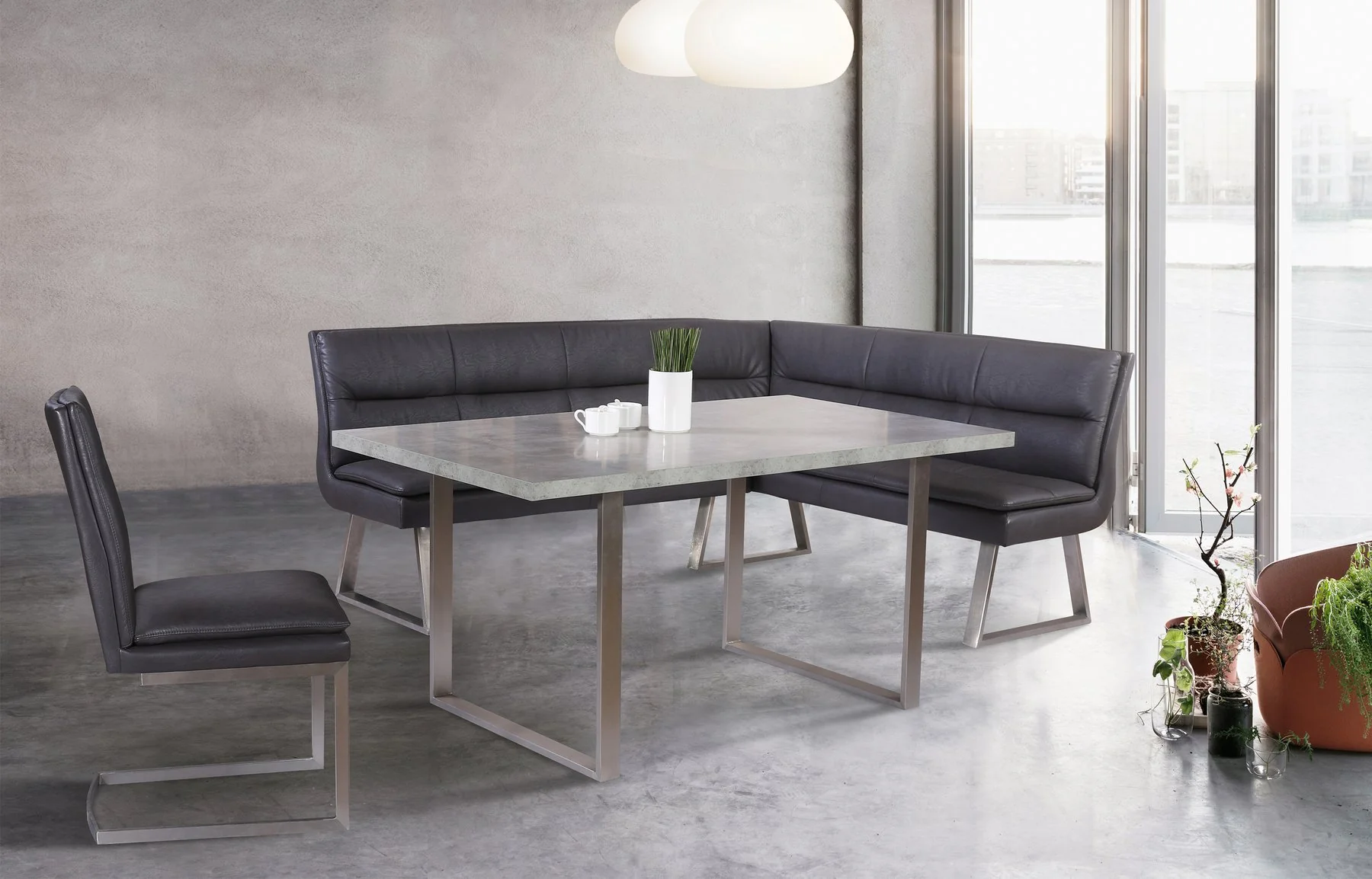 Fenton Dining Table with Cement Gray Laminate Top and Brushed Stainless Steel Base - Image 7