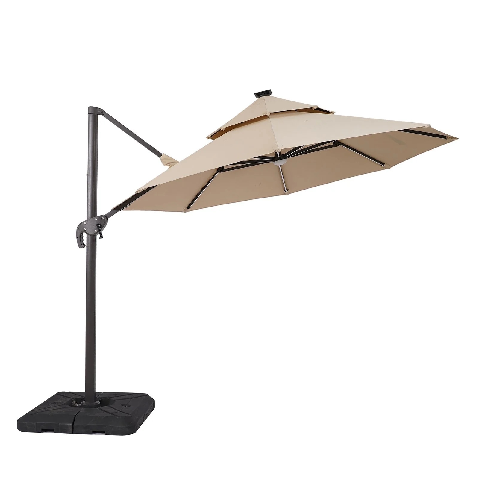 Fera 10' Round Umbrella, LED Bulb, Tan + Base - Image 2
