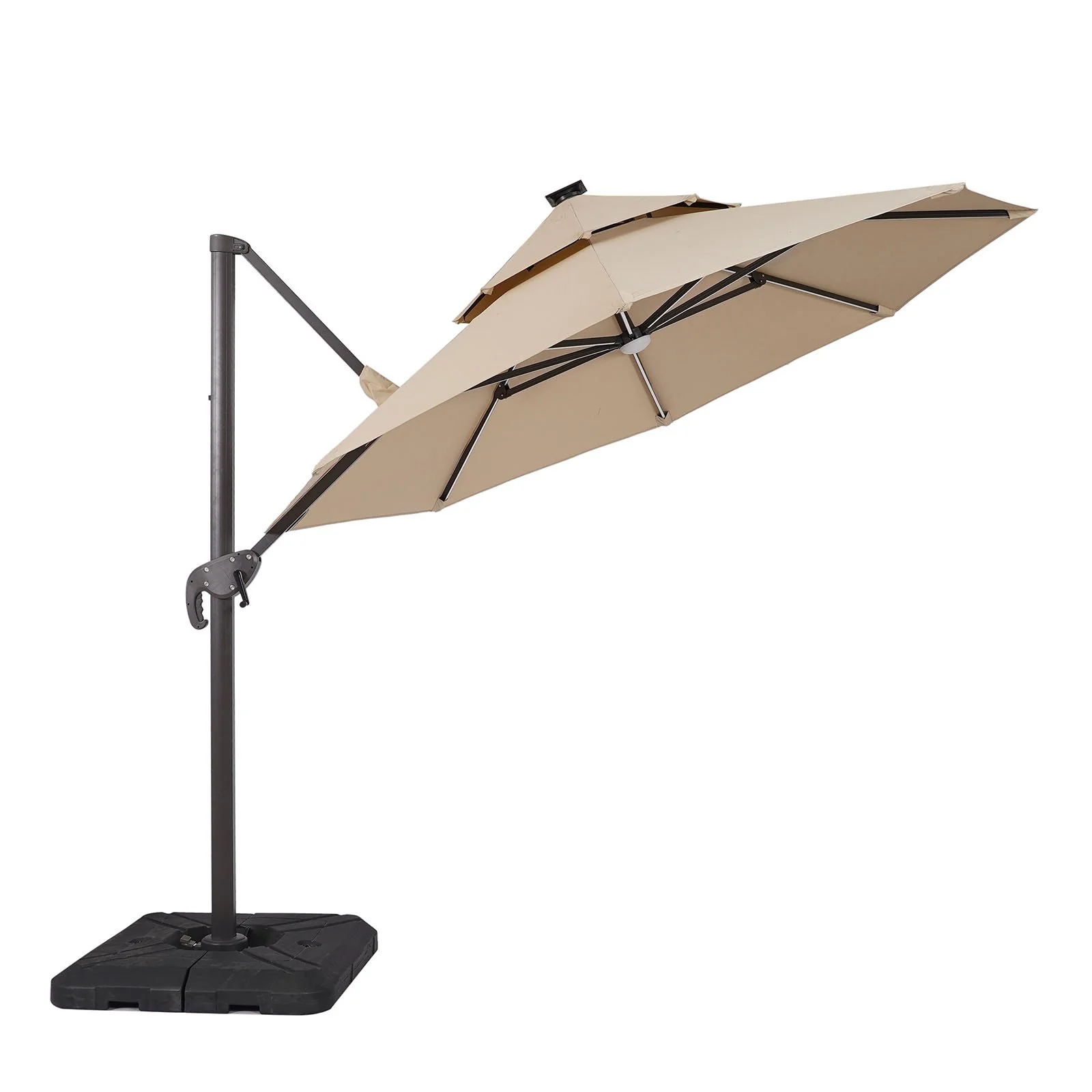 Fera 10' Round Umbrella, LED Bulb, Tan + Base - Image 3