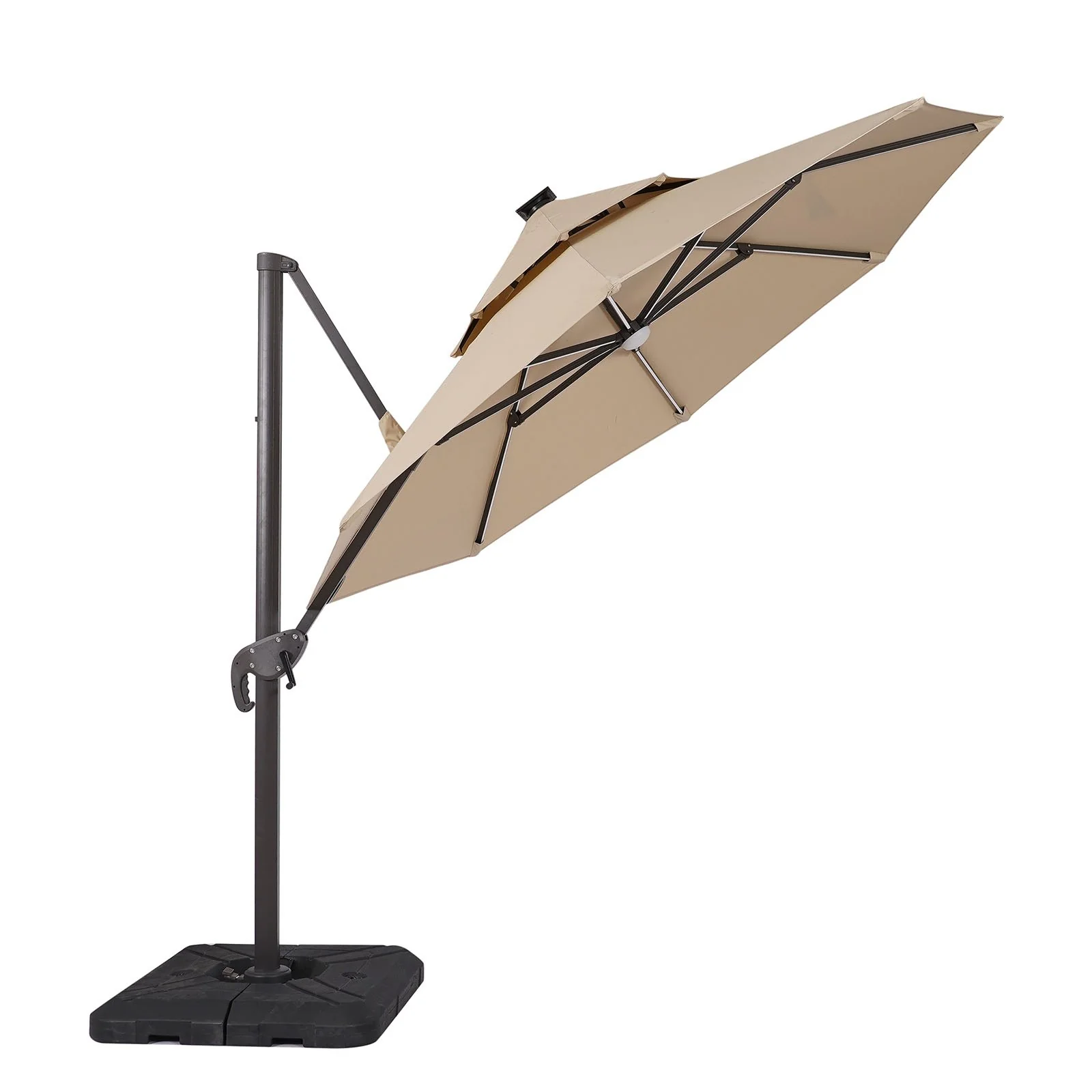 Fera 10' Round Umbrella, LED Bulb, Tan + Base - Image 4