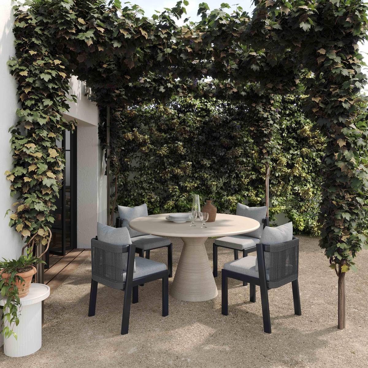 Fern Beige Textured Faux Plaster Concrete Indoor / Outdoor Round Dining Table - Image 2