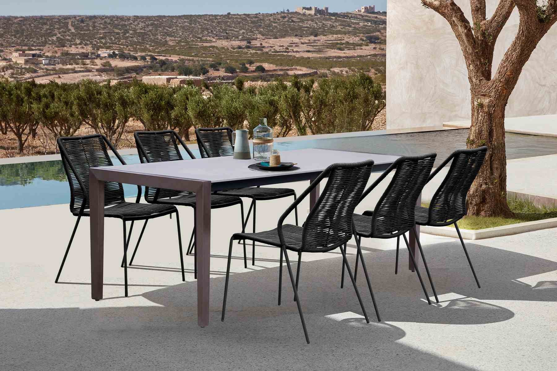 Fineline and Clip Indoor Outdoor 7 Piece Dining Set in Dark Eucalyptus Wood with Superstone and Black Rope - Image 9