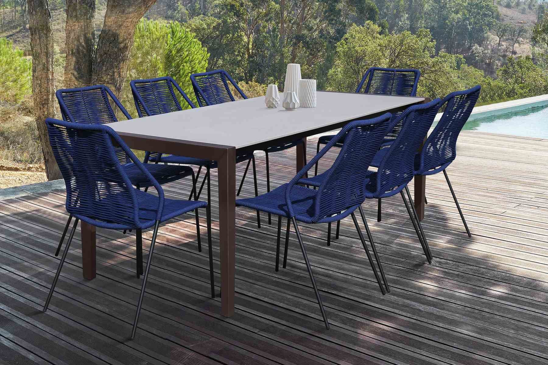 Fineline and Clip Indoor Outdoor 9 Piece Dining Set in Dark Eucalyptus Wood with Superstone and Blue Rope - Image 9