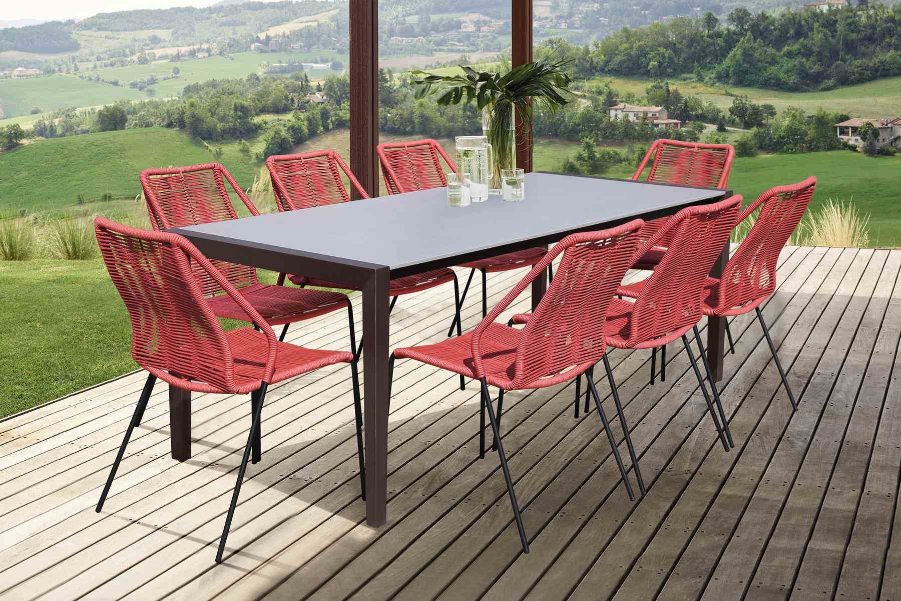 Fineline and Clip Indoor Outdoor 9 Piece Dining Set in Dark Eucalyptus Wood with Superstone and Brick Red Rope - Image 9