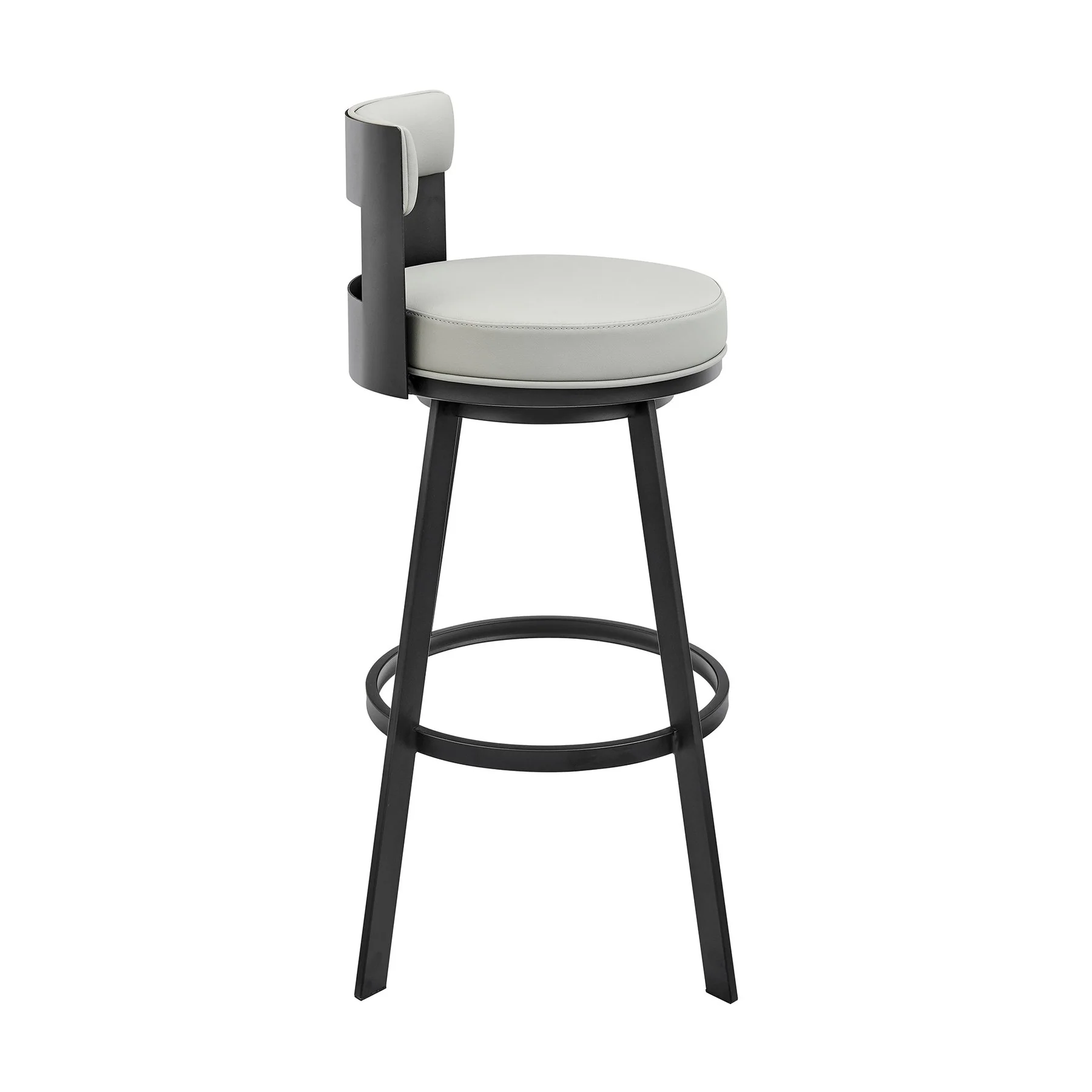 Flynn 26" Swivel Counter Stool in Black Metal with Light Gray Faux Leather - Image 3