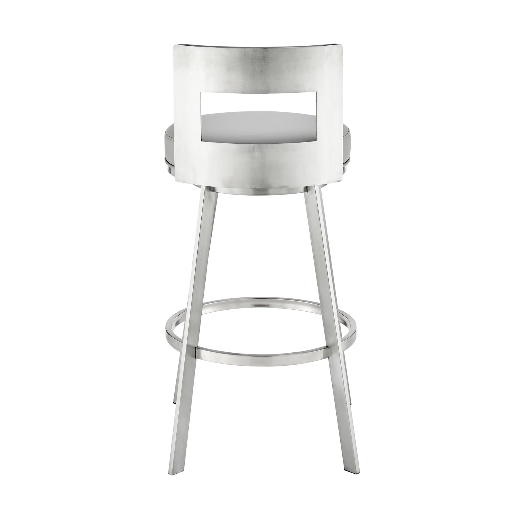 Flynn 26" Swivel Counter Stool in Brushed Stainless Steel with Light Gray Faux Leather - Image 5