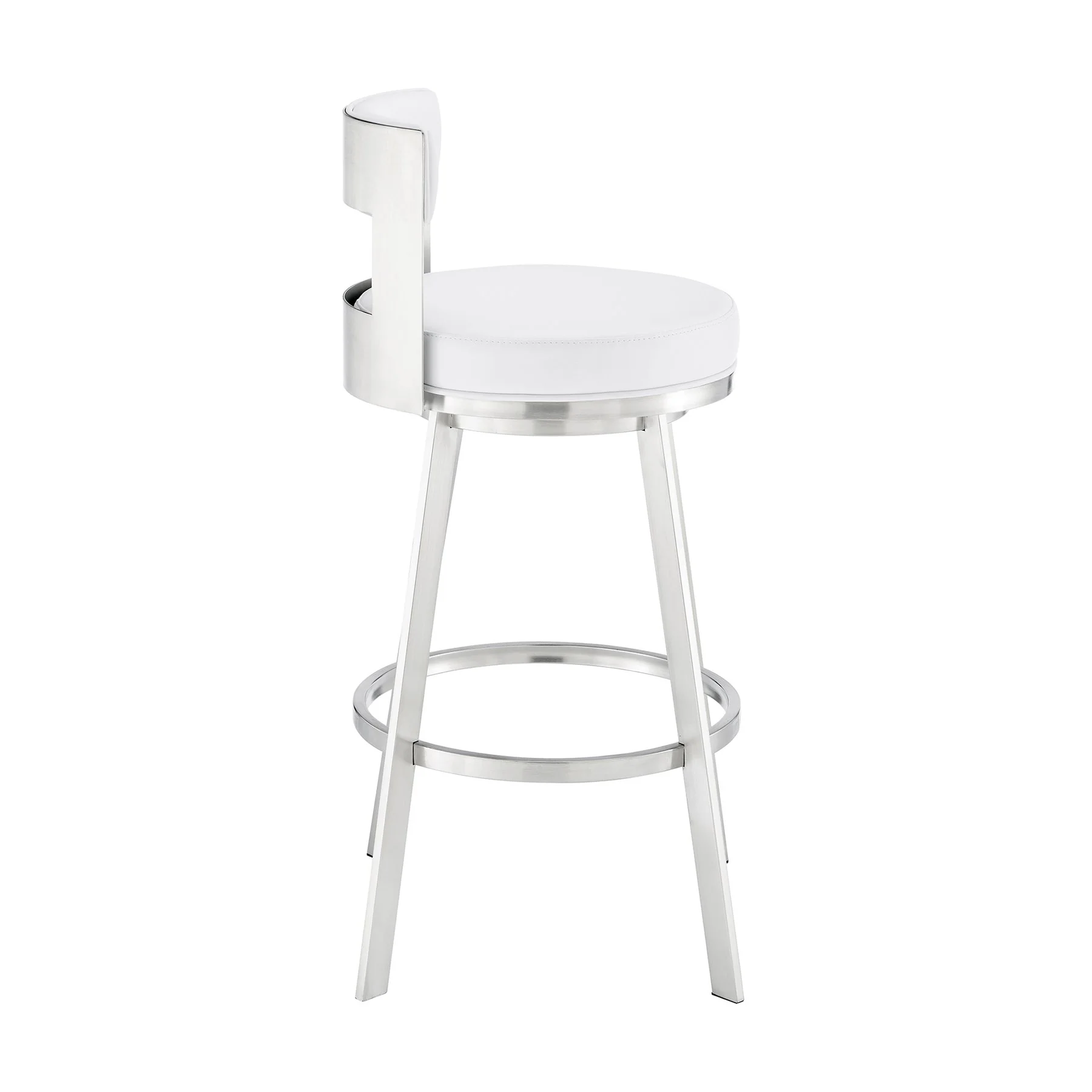 Flynn 26" Swivel Counter Stool in Brushed Stainless Steel with White Faux Leather - Image 3