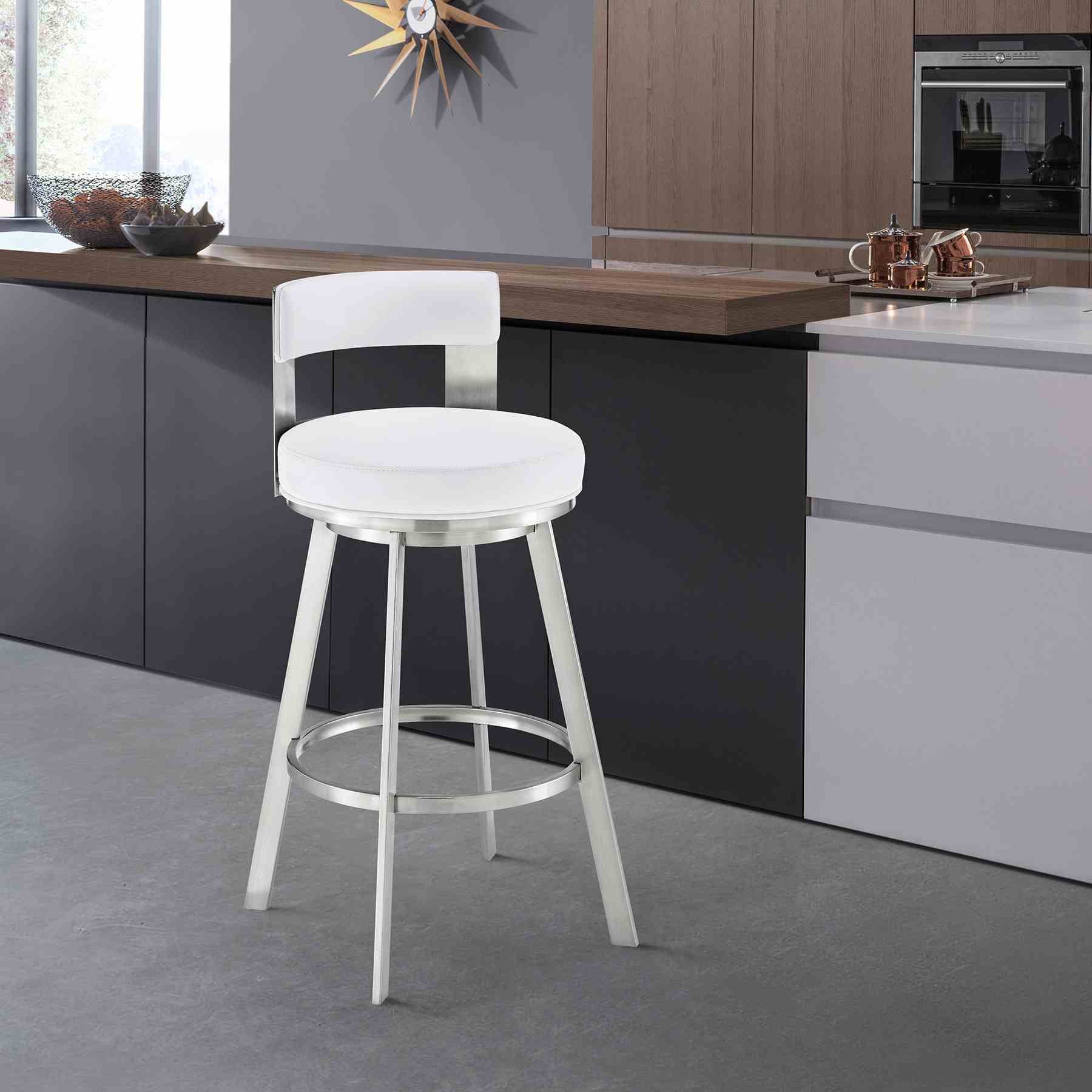 Flynn 26" Swivel Counter Stool in Brushed Stainless Steel with White Faux Leather - Image 9