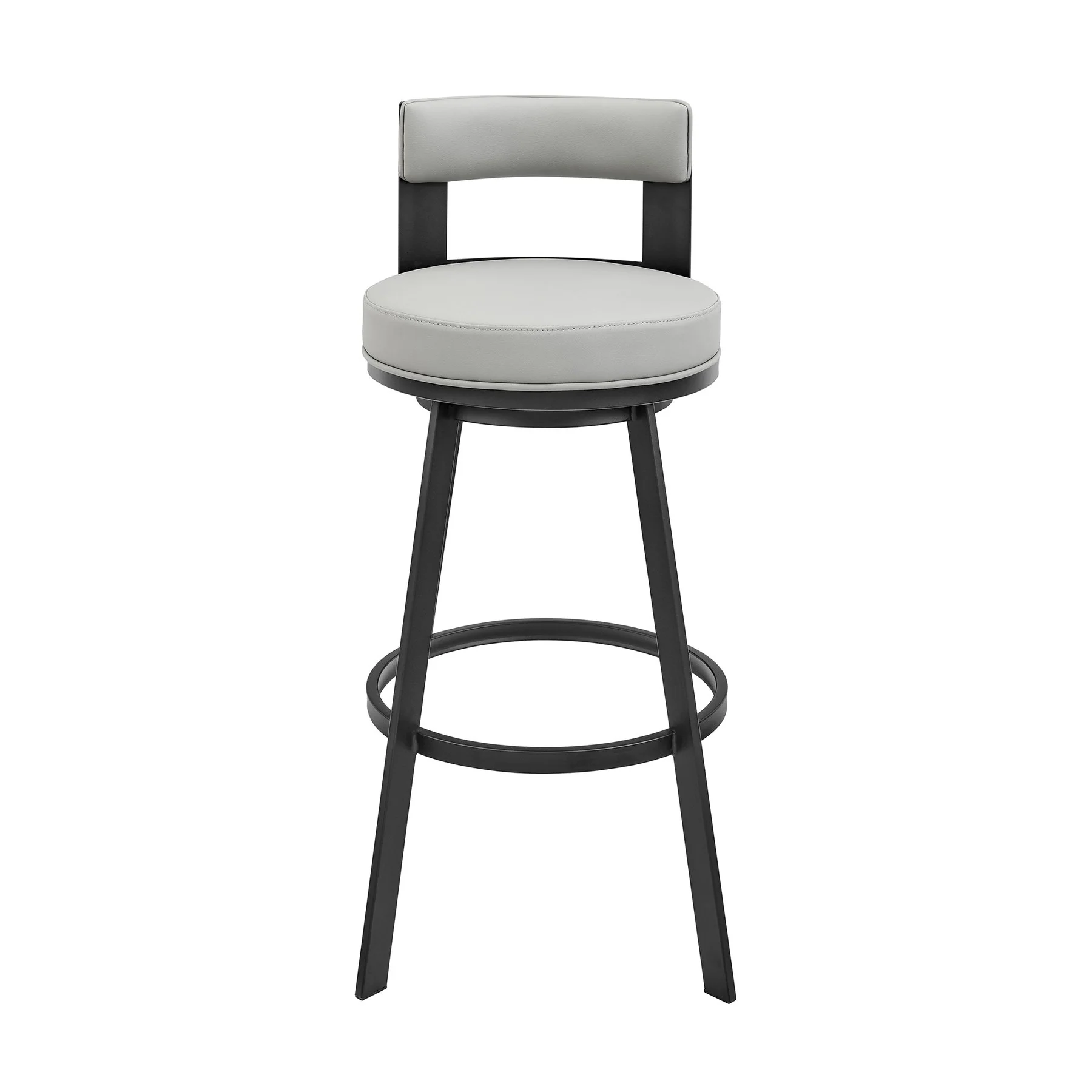 Flynn 30" Swivel Bar Stool in Black Metal with Light Gray Faux Leather - Image 2