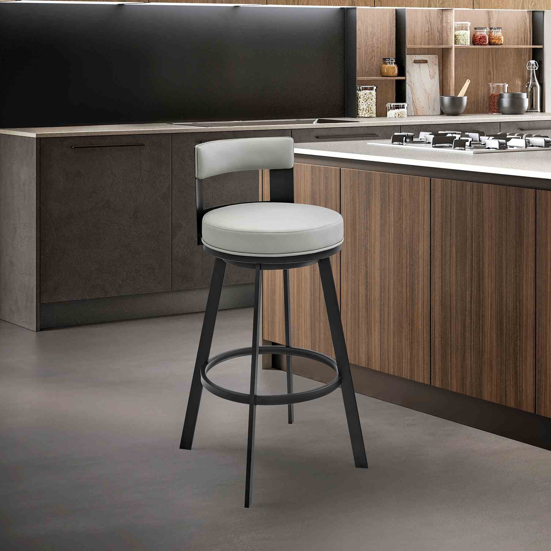 Flynn 30" Swivel Bar Stool in Black Metal with Light Gray Faux Leather - Image 9