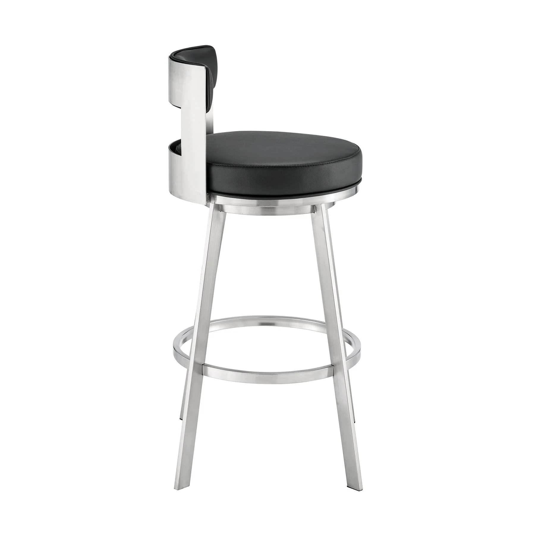 Flynn 30" Swivel Bar Stool in Brushed Stainless Steel with Black Faux Leather - Image 3