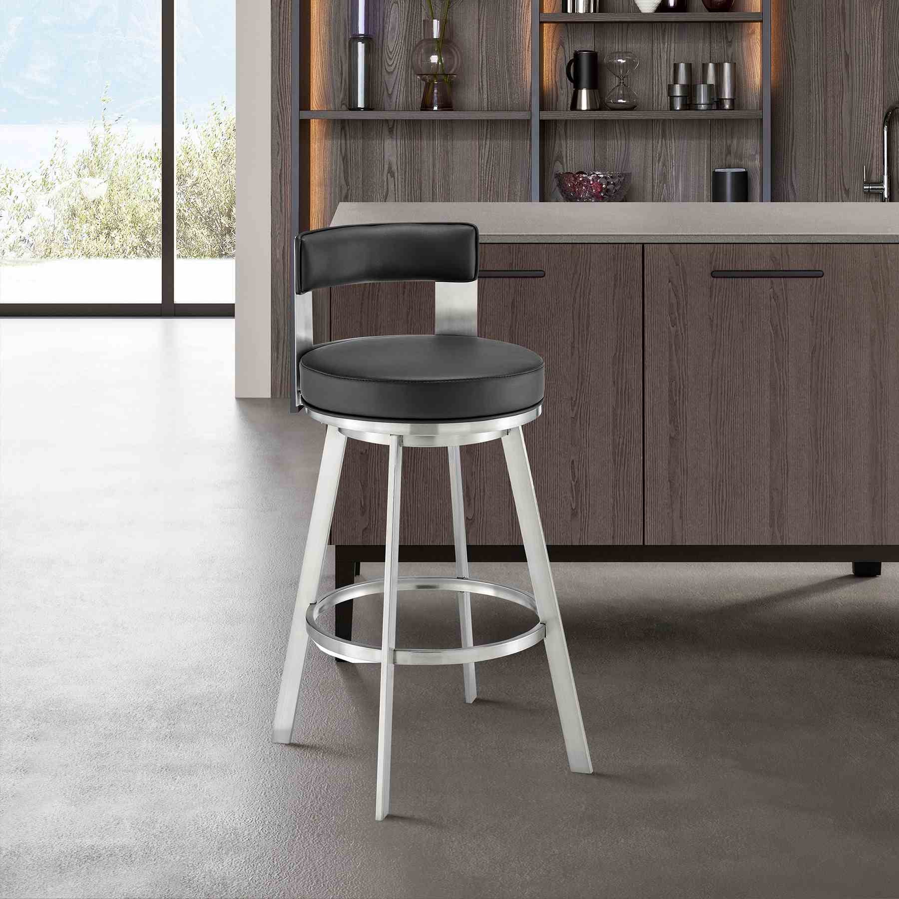 Flynn 30" Swivel Bar Stool in Brushed Stainless Steel with Black Faux Leather - Image 9