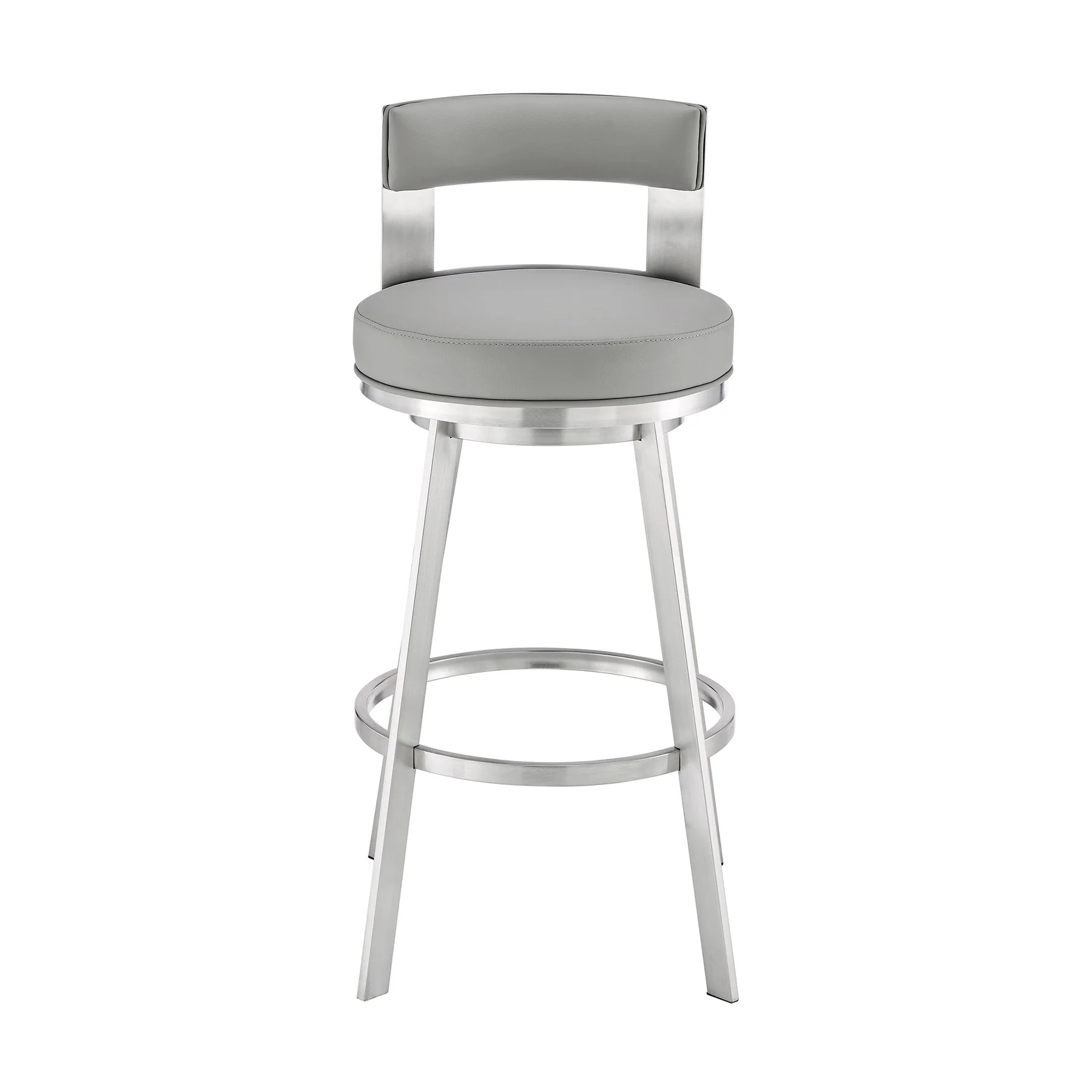 Flynn 30" Swivel Bar Stool in Brushed Stainless Steel with Light Gray Faux Leather - Image 2