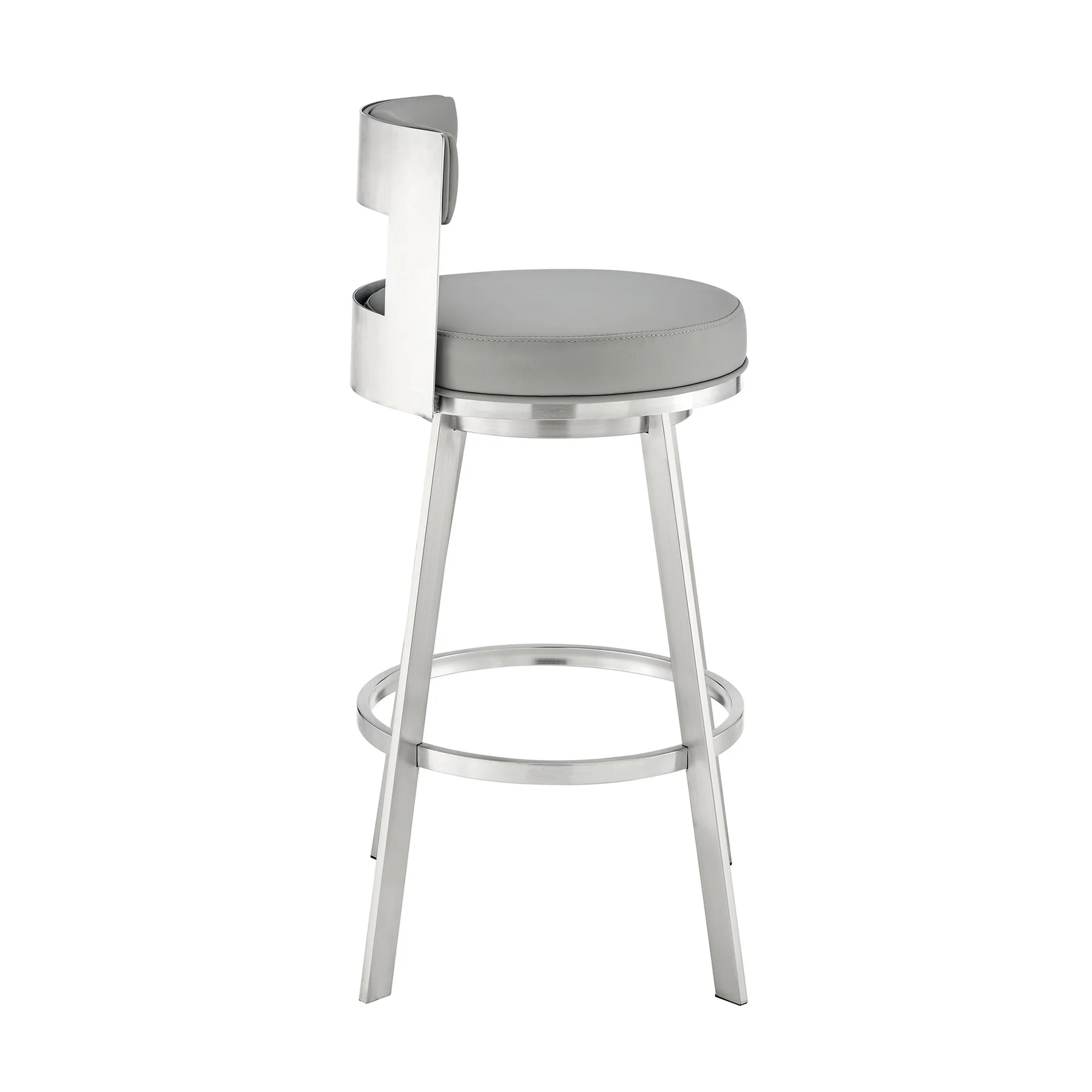 Flynn 30" Swivel Bar Stool in Brushed Stainless Steel with Light Gray Faux Leather - Image 3