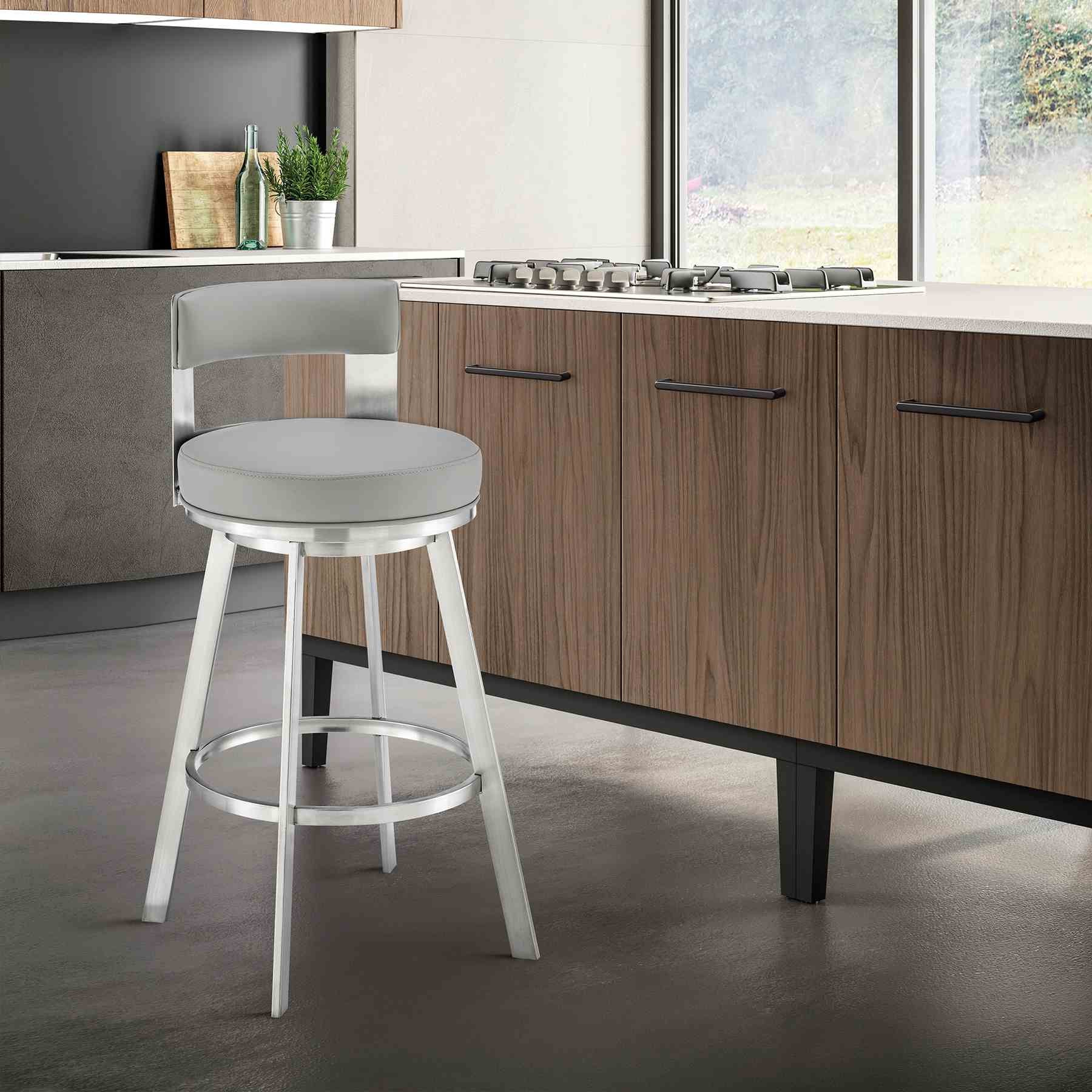 Flynn 30" Swivel Bar Stool in Brushed Stainless Steel with Light Gray Faux Leather - Image 9