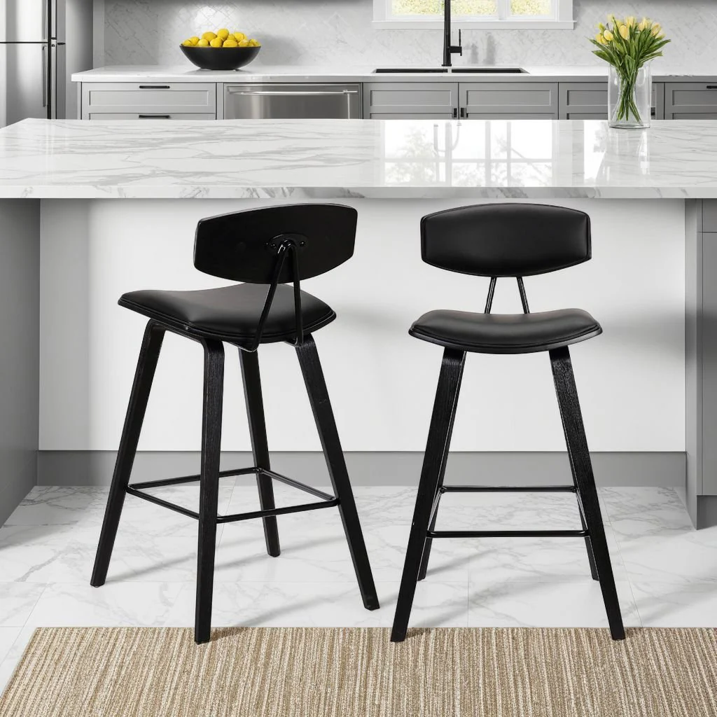 Fox 25.5" Counter Height Black Faux Leather and Black Wood Mid-Century Modern Bar Stool - Image 7
