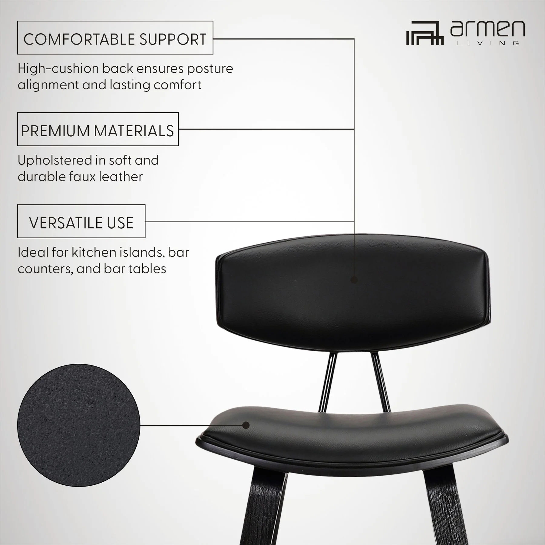 Fox 25.5" Counter Height Black Faux Leather and Black Wood Mid-Century Modern Bar Stool - Image 8