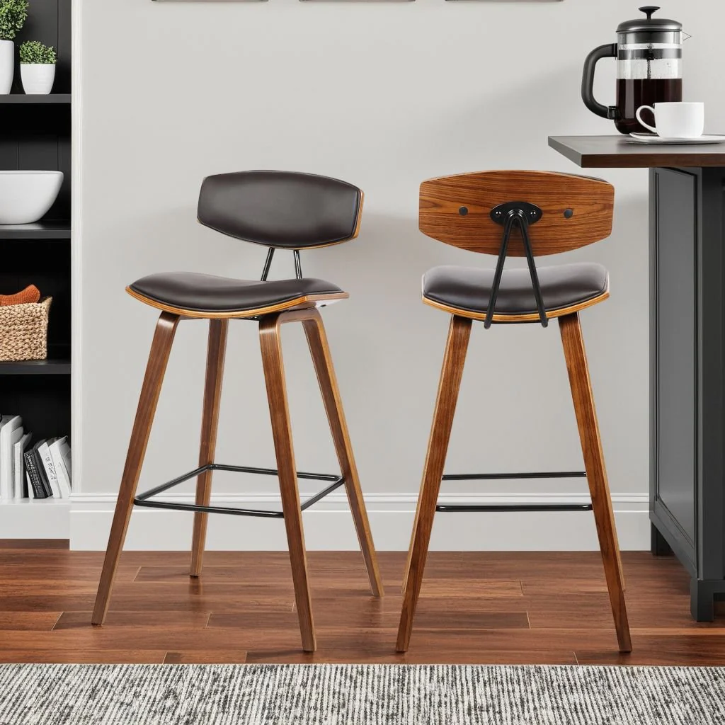 Fox 25.5" Counter Height Brown Faux Leather and Walnut Wood Mid-Century Modern Bar Stool - Image 9