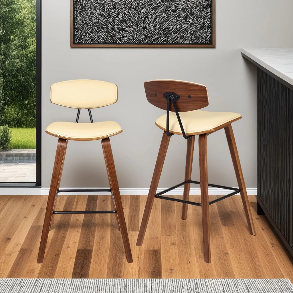 Fox 25.5" Counter Height Cream Faux Leather and Walnut Wood Mid-Century Modern Bar Stool - Image 7
