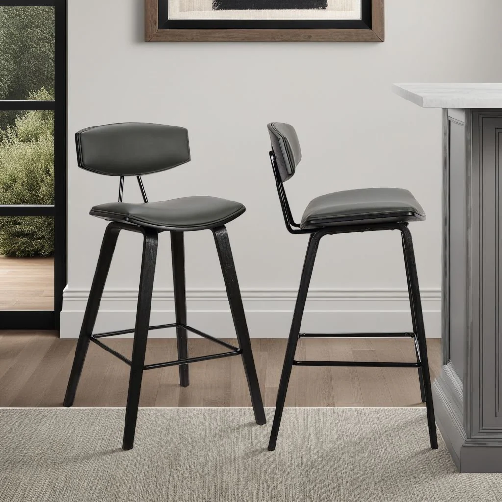 Fox 25.5" Counter Height Gray Faux Leather and Black Wood Mid-Century Modern Bar Stool - Image 7