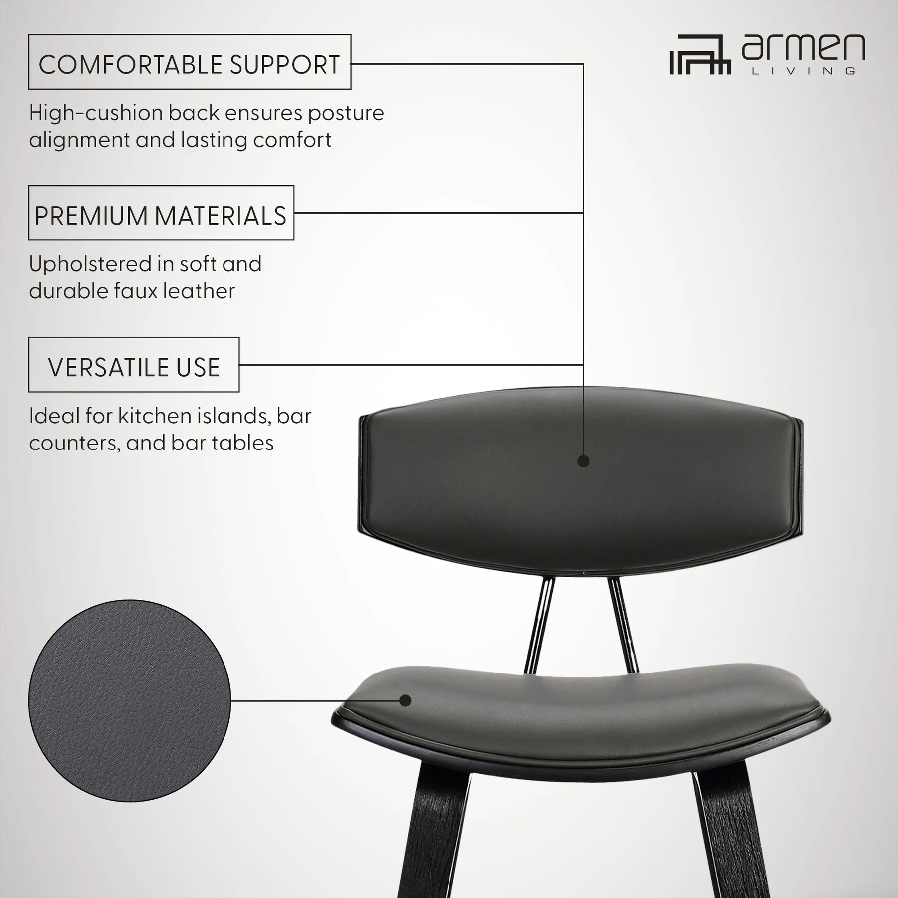 Fox 25.5" Counter Height Gray Faux Leather and Black Wood Mid-Century Modern Bar Stool - Image 8