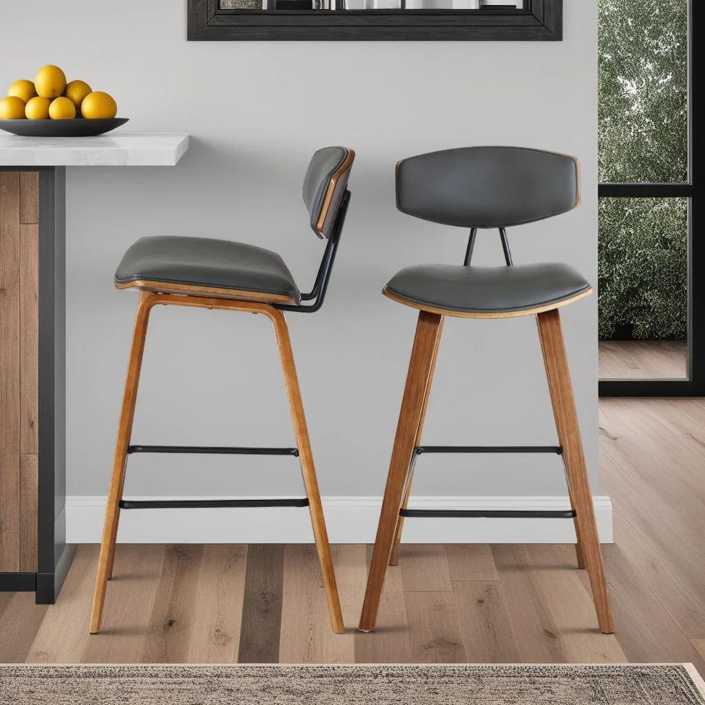 Fox 25.5" Counter Height Gray Faux Leather and Walnut Wood Mid-Century Modern Bar Stool - Image 7