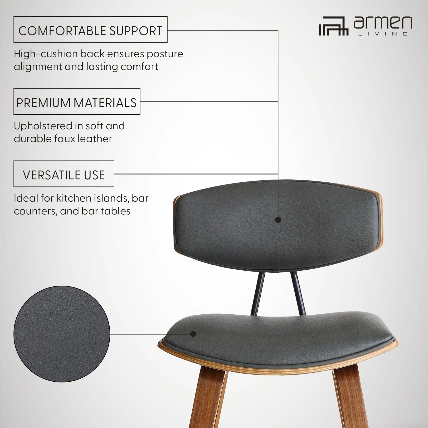 Fox 25.5" Counter Height Gray Faux Leather and Walnut Wood Mid-Century Modern Bar Stool - Image 8