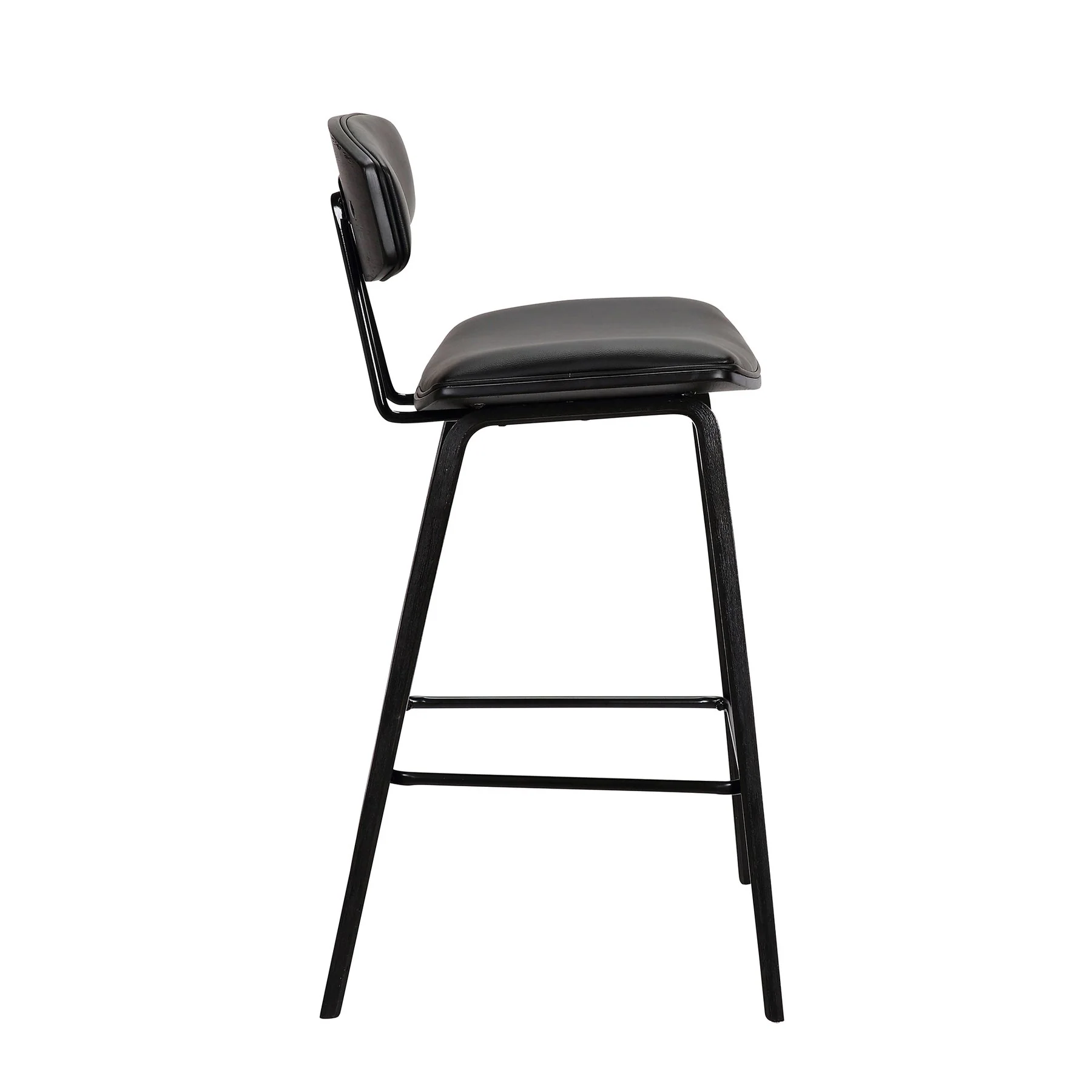 Fox 28.5" Bar Height Black Faux Leather and Black Wood Mid-Century Modern Bar Stool - Image 3
