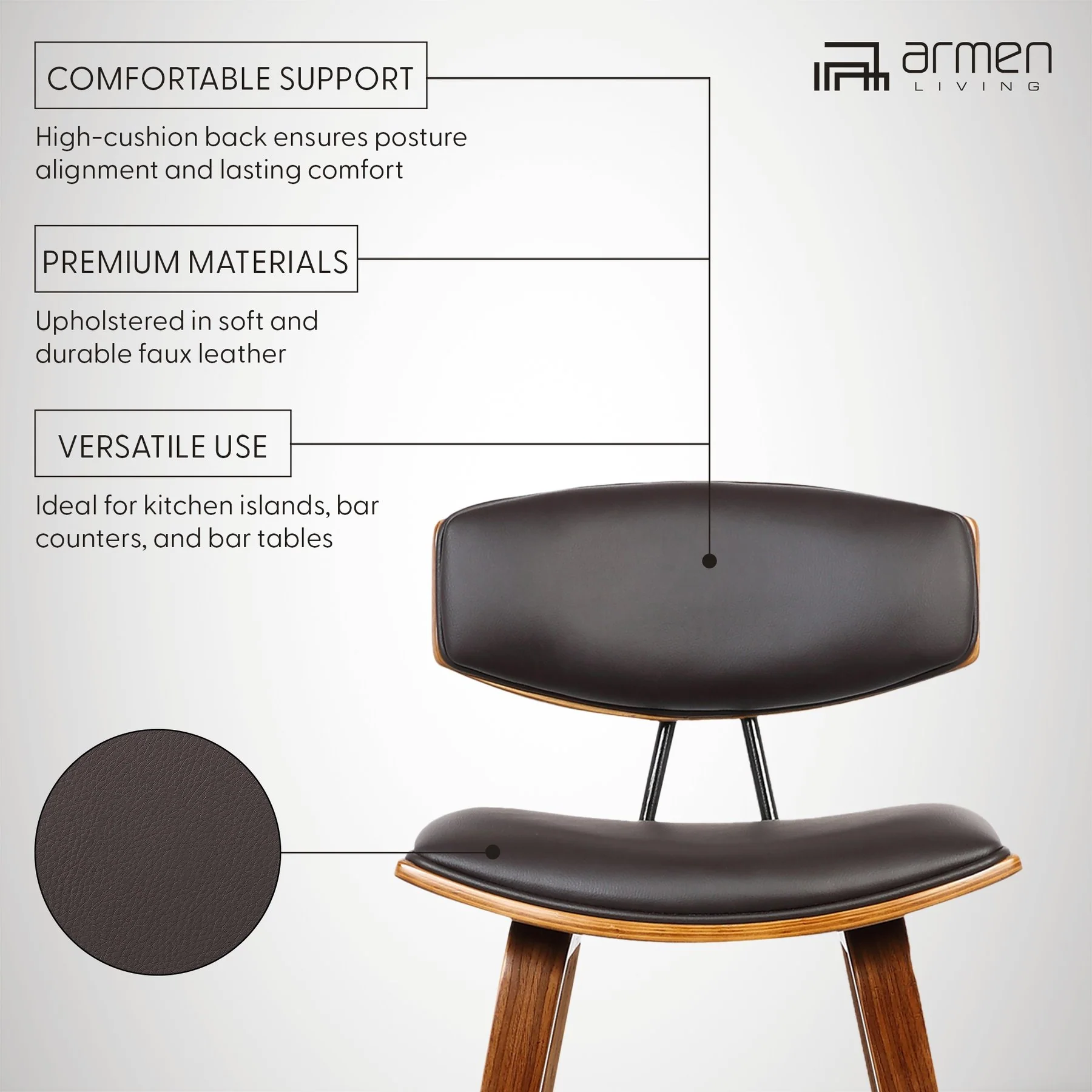 Fox 28.5" Bar Height Brown Faux Leather and Walnut Wood Mid-Century Modern Bar Stool - Image 10
