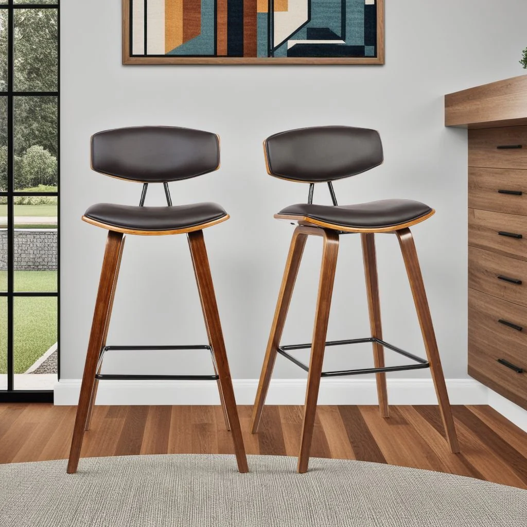 Fox 28.5" Bar Height Brown Faux Leather and Walnut Wood Mid-Century Modern Bar Stool - Image 9