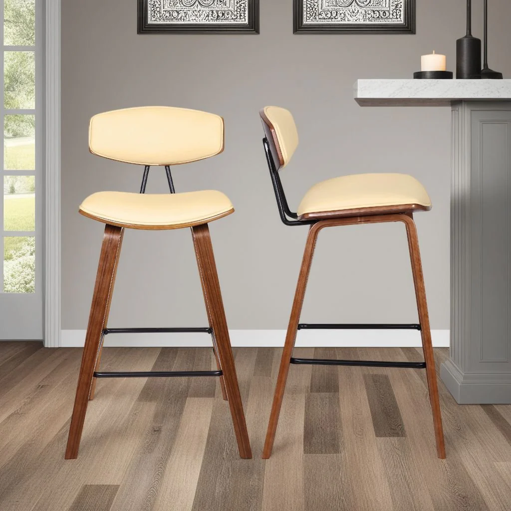 Fox 28.5" Bar Height Cream Faux Leather and Walnut Wood Mid-Century Modern Bar Stool - Image 7