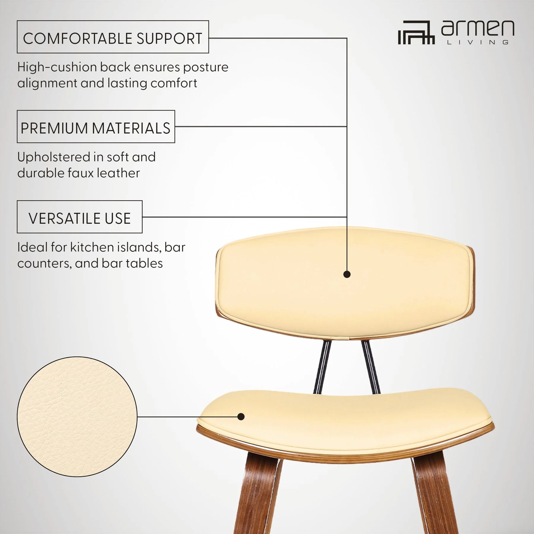 Fox 28.5" Bar Height Cream Faux Leather and Walnut Wood Mid-Century Modern Bar Stool - Image 8